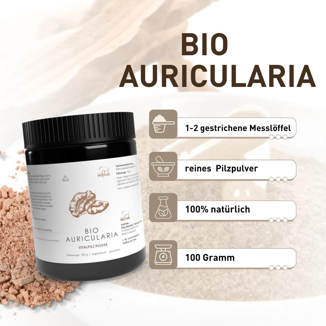 BIO Auricularia Vitalpilz Pulver mit Informationen: 1-2 Messlöffel, reines Pilzpulver, 100% natürlich, 100 Gramm.