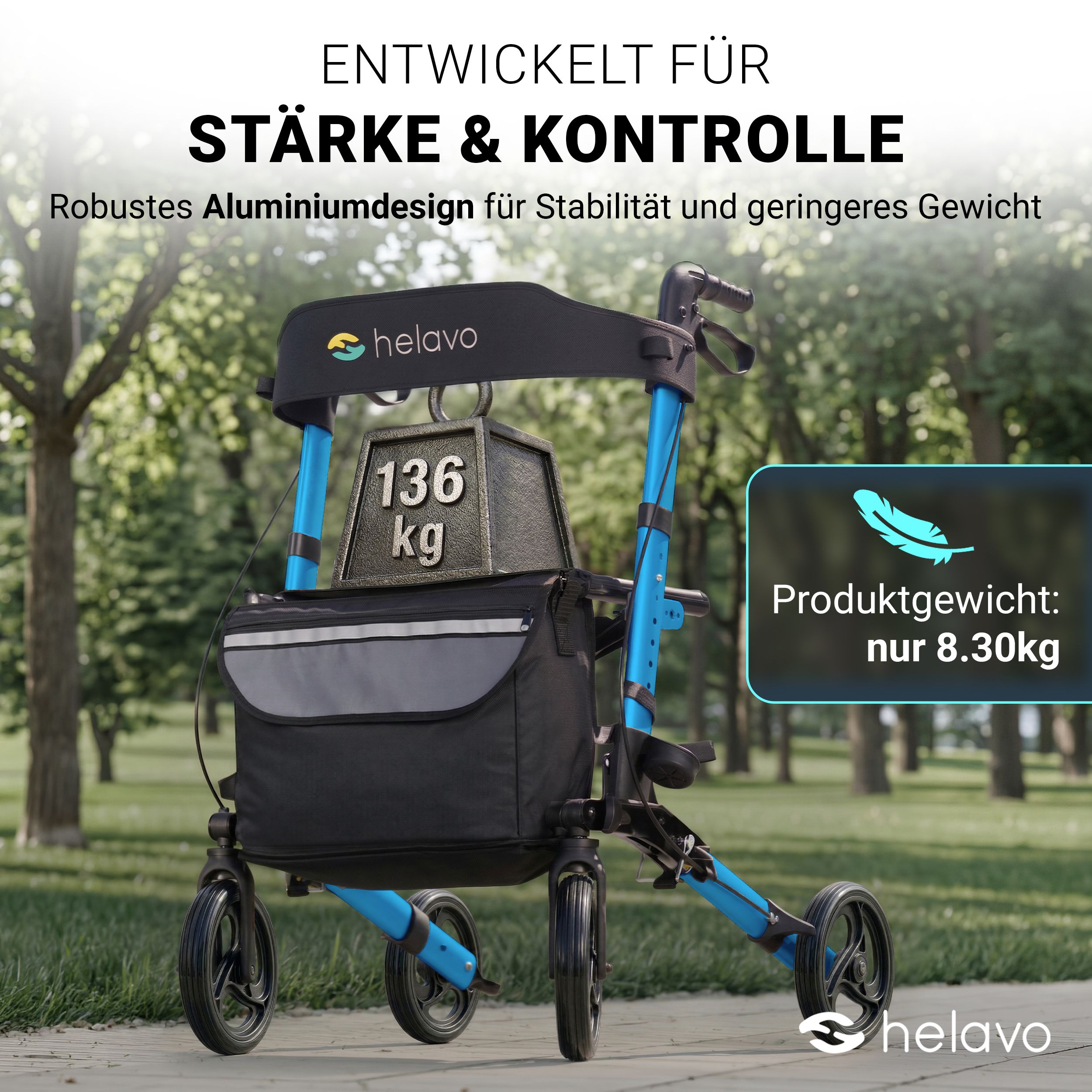 Blauer Aluminium-Rollator mit Tasche, belastbar bis 136 kg, Eigengewicht 8,3 kg.