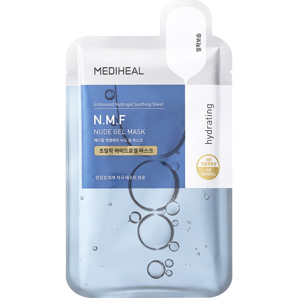 Verpackung der MEDIHEAL N.M.F Nude Gel Hydrogelmaske. Blau-weißes Design, Text.