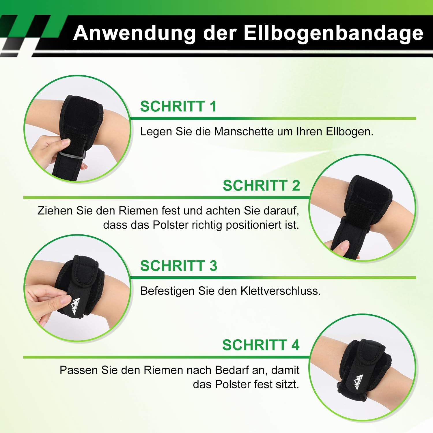 Schritt-für-Schritt-Anleitung zur Anwendung einer Ellbogenbandage mit Klettverschluss.