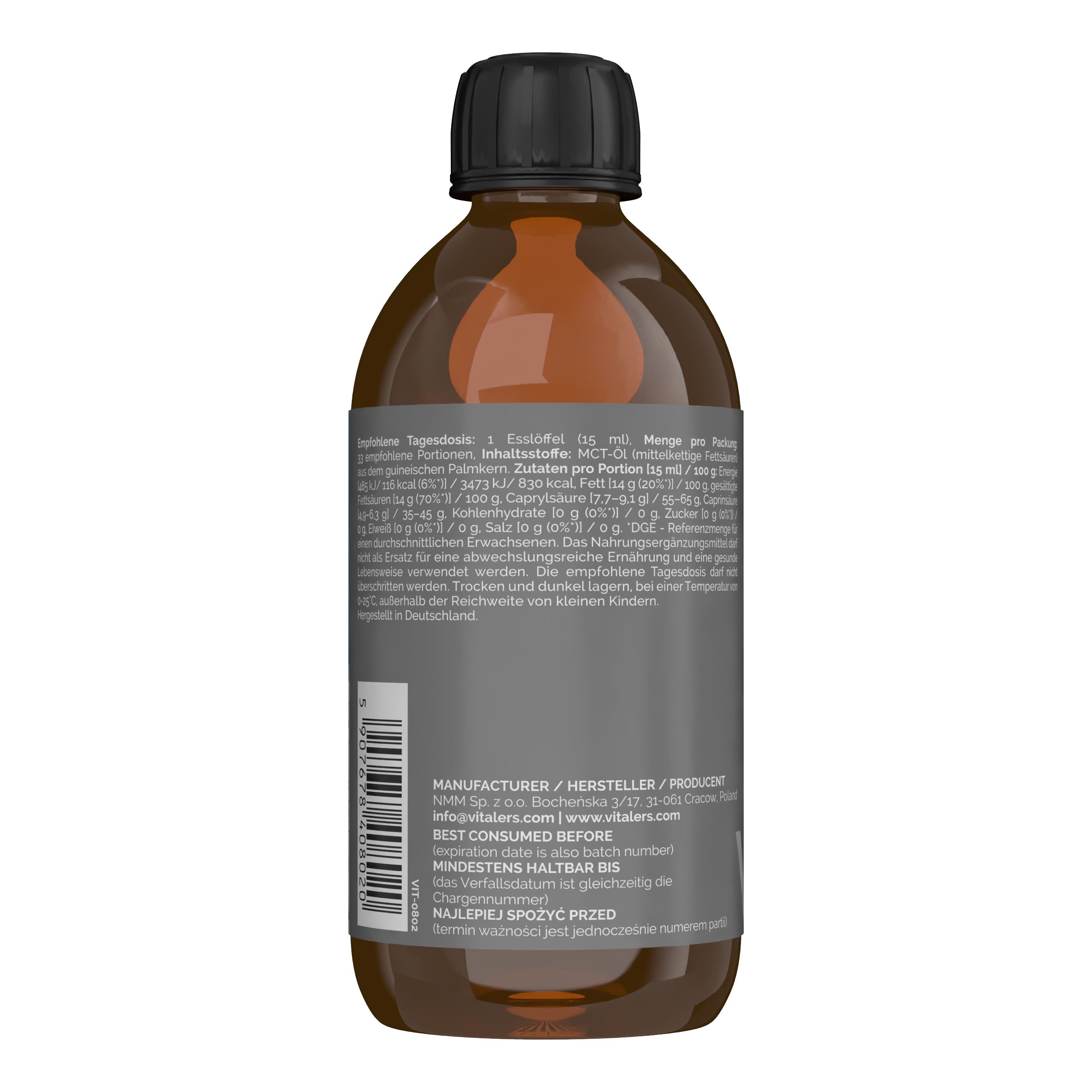 Rückseite einer braunen Glasflasche mit Vitalers MCT Öl, Herstellerangaben und Mindesthaltbarkeitsdatum.