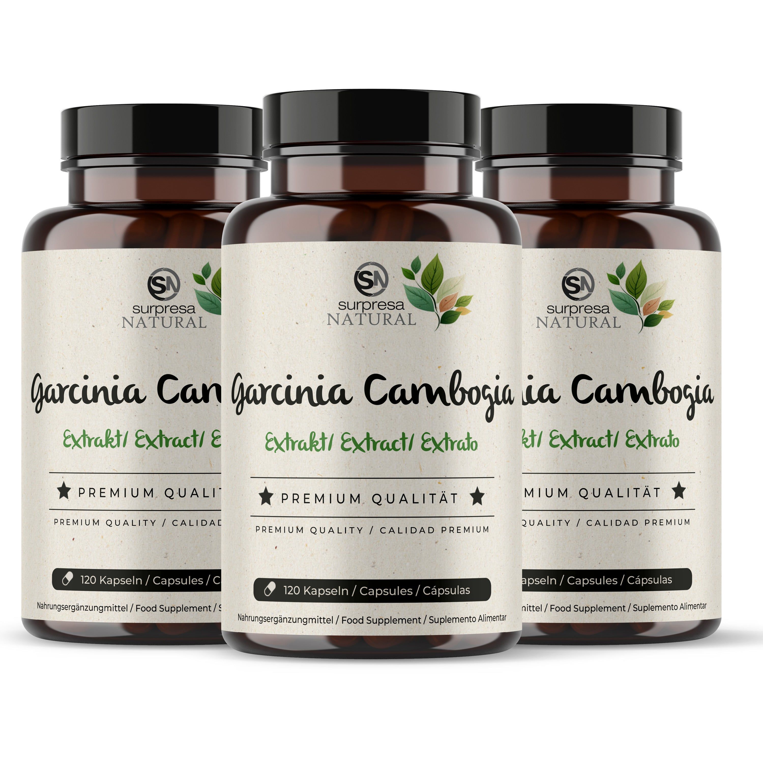 Drei Flaschen Surpresa Natural Garcinia Cambogia Extrakt Kapseln, jeweils 120 Kapseln.