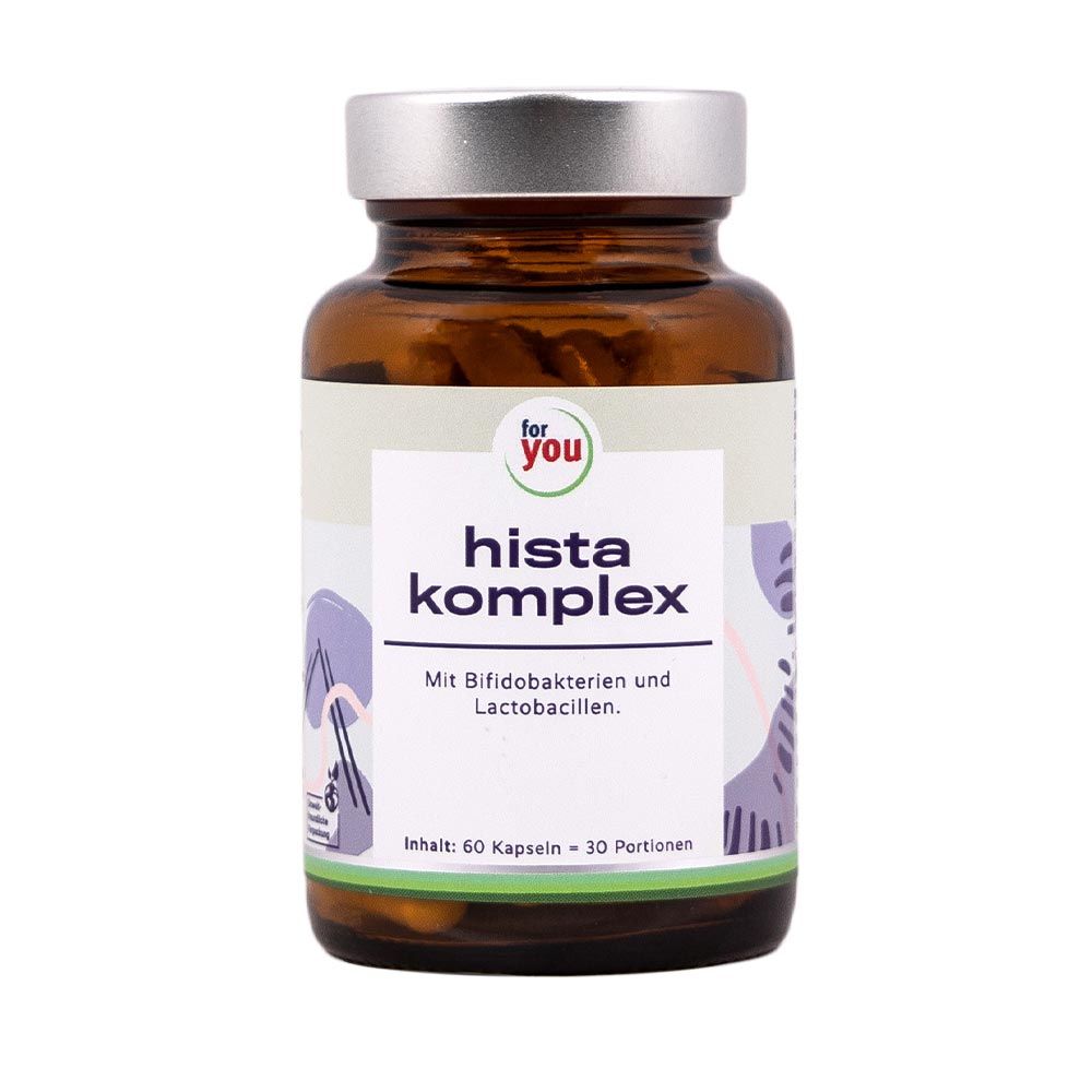 Braune Flasche „for you Hista Komplex“ mit Kapseln. Text: Bifidobakterien, Lactobacillen, 60 Kapseln = 30 Portionen.