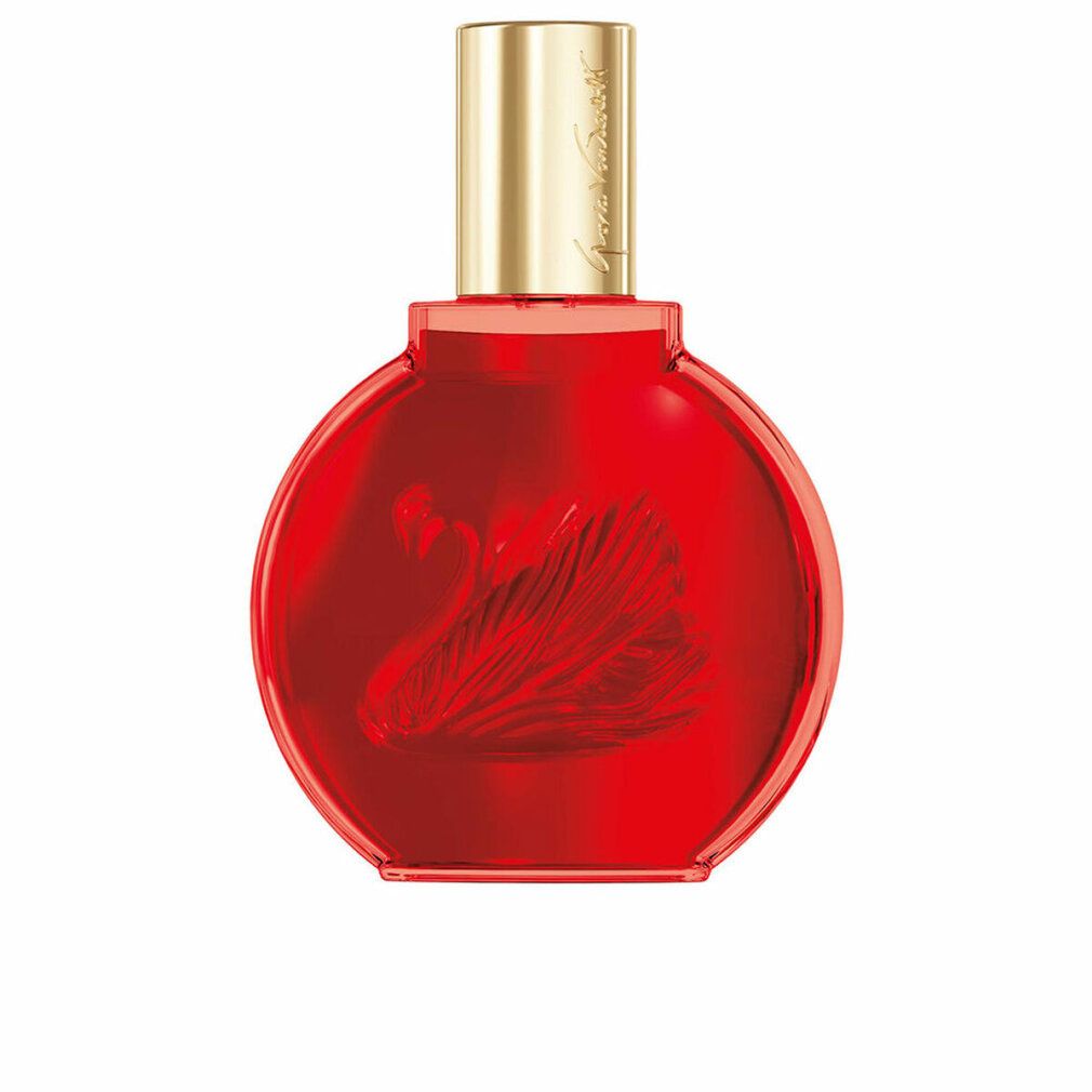 Roter Flakon mit goldenem Verschluss. Auf dem Flakon ist ein Schwan abgebildet.