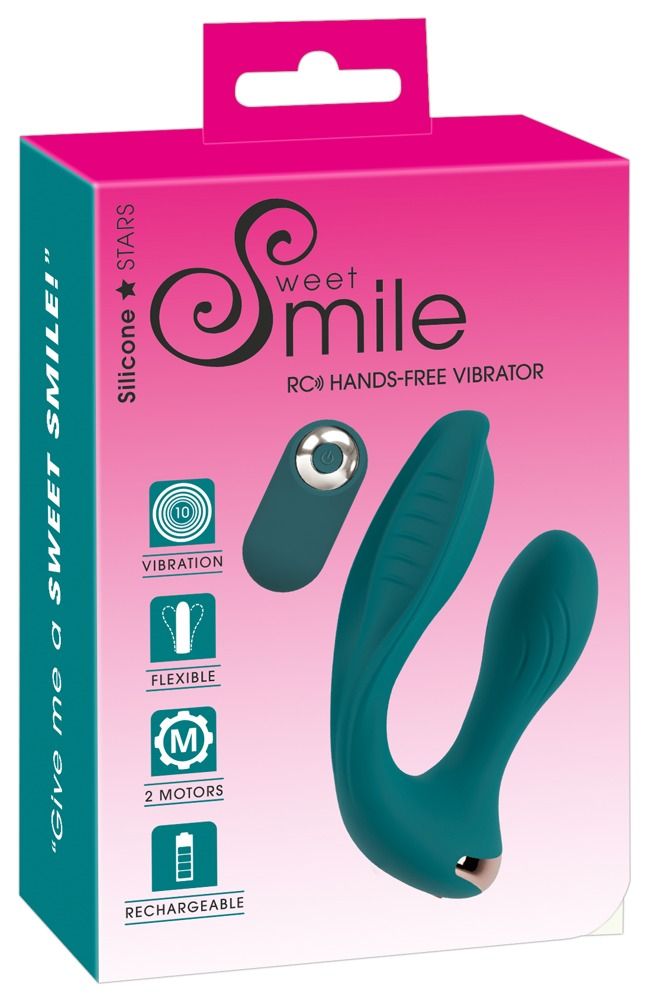 Verpackung mit Vibrator und Fernbedienung. Auf der Verpackung steht "Sweet Smile". Es gibt Symbole für Funktionen wie Vibration und Flexibilität.
