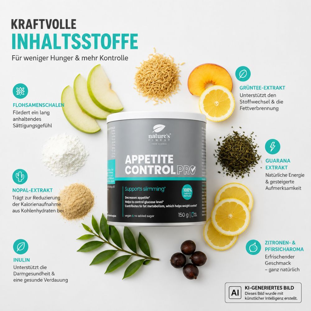 Nature's Finest Appetite Control PRO Dose mit Zutaten wie Flohsamenschalen, Guarana, Grüntee-Extrakt.