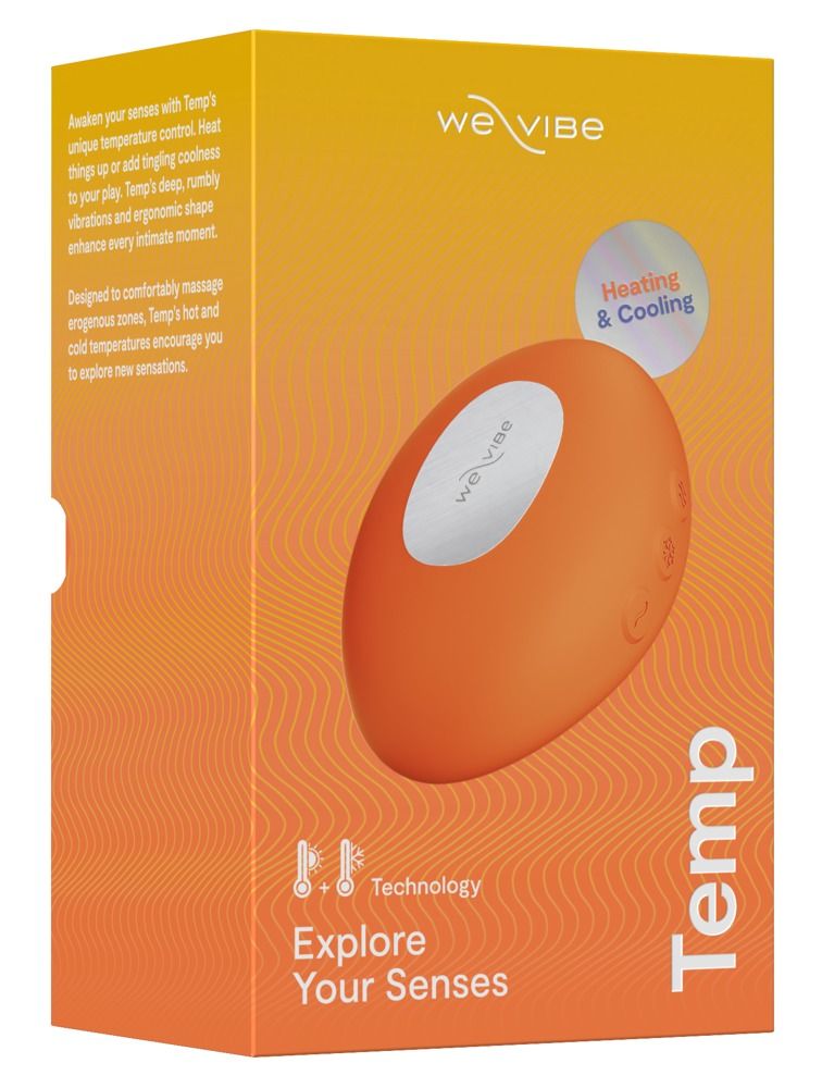 Verpackung für ein orangefarbenes, ovales Gerät. Auf der Verpackung steht "Temp" und "Explore Your Senses".