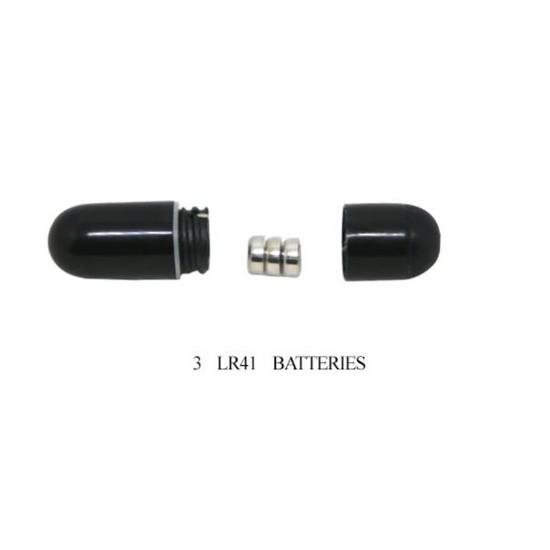 Geöffnete schwarze Kapsel mit drei LR41-Batterien. Text: 3 LR41 BATTERIEN.