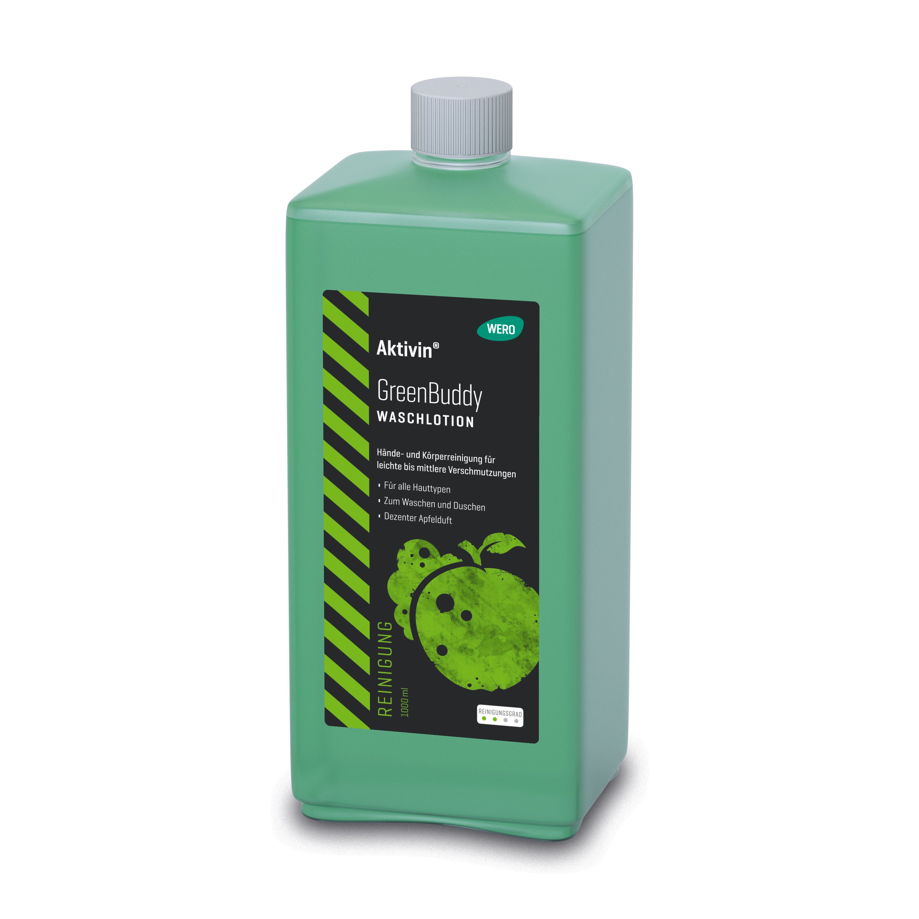 Grüne Spenderflasche mit weißem Deckel. Aufkleber mit Produktnamen: Aktivin GreenBuddy Waschlotion. Text und Apfel-Illustration.
