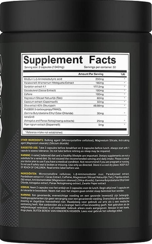 Rückseite der schwarzen Dose. Aufschrift: Supplement Facts. Auflistung der Inhaltsstoffe und Nährwerte pro Portion.