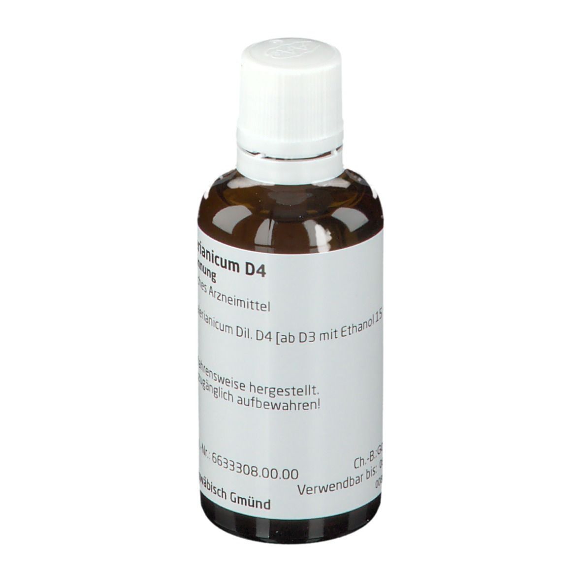 Braune Glasflasche mit weißem Deckel und Etikett. Beschriftung: Zincum valerianicum D4, Flüssige Verdünnung, WELEDA.