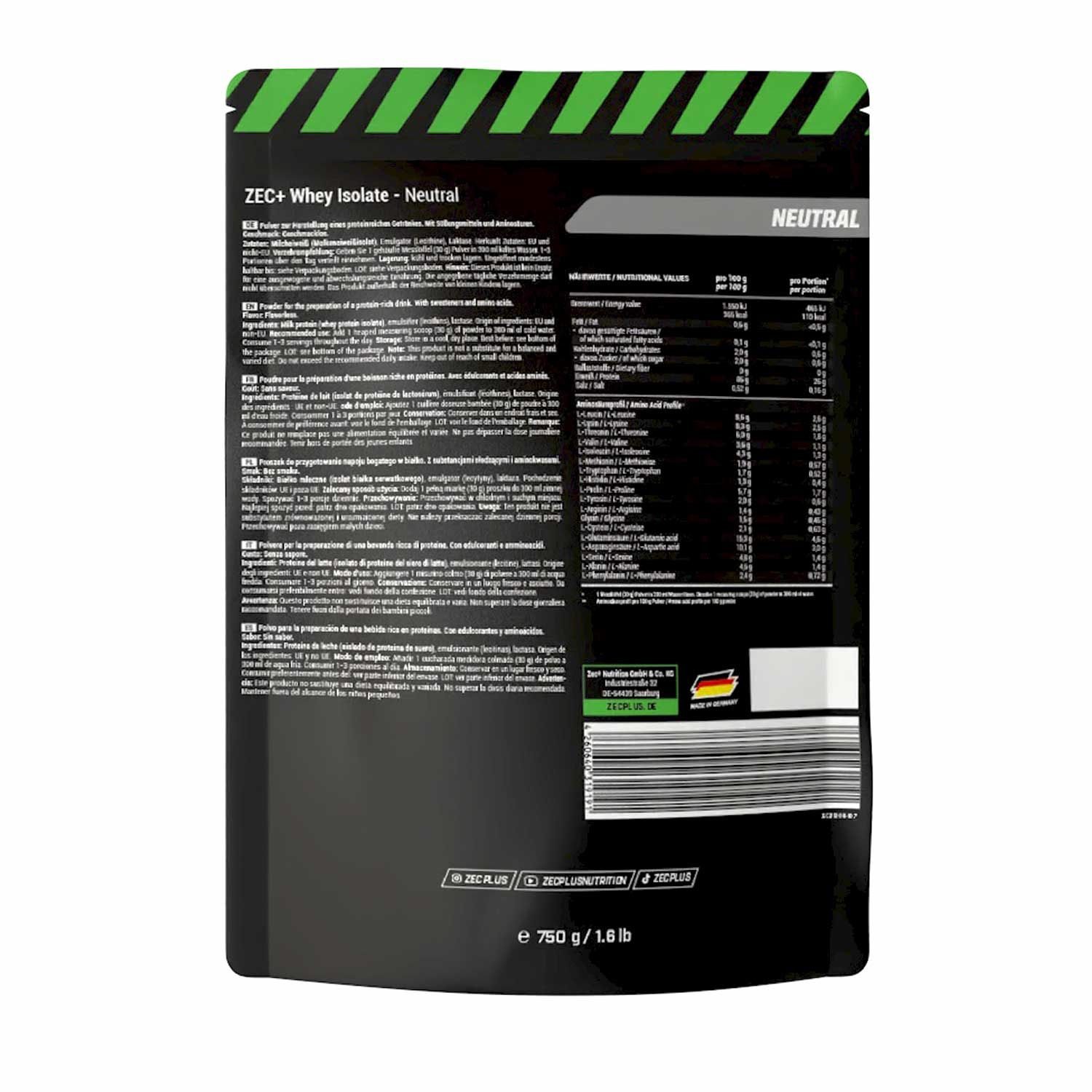 Rückseite des ZEC+ Whey Isolate Beutels. Enthält Nährwertangaben und Text in mehreren Sprachen. 750g/1.6 lb.