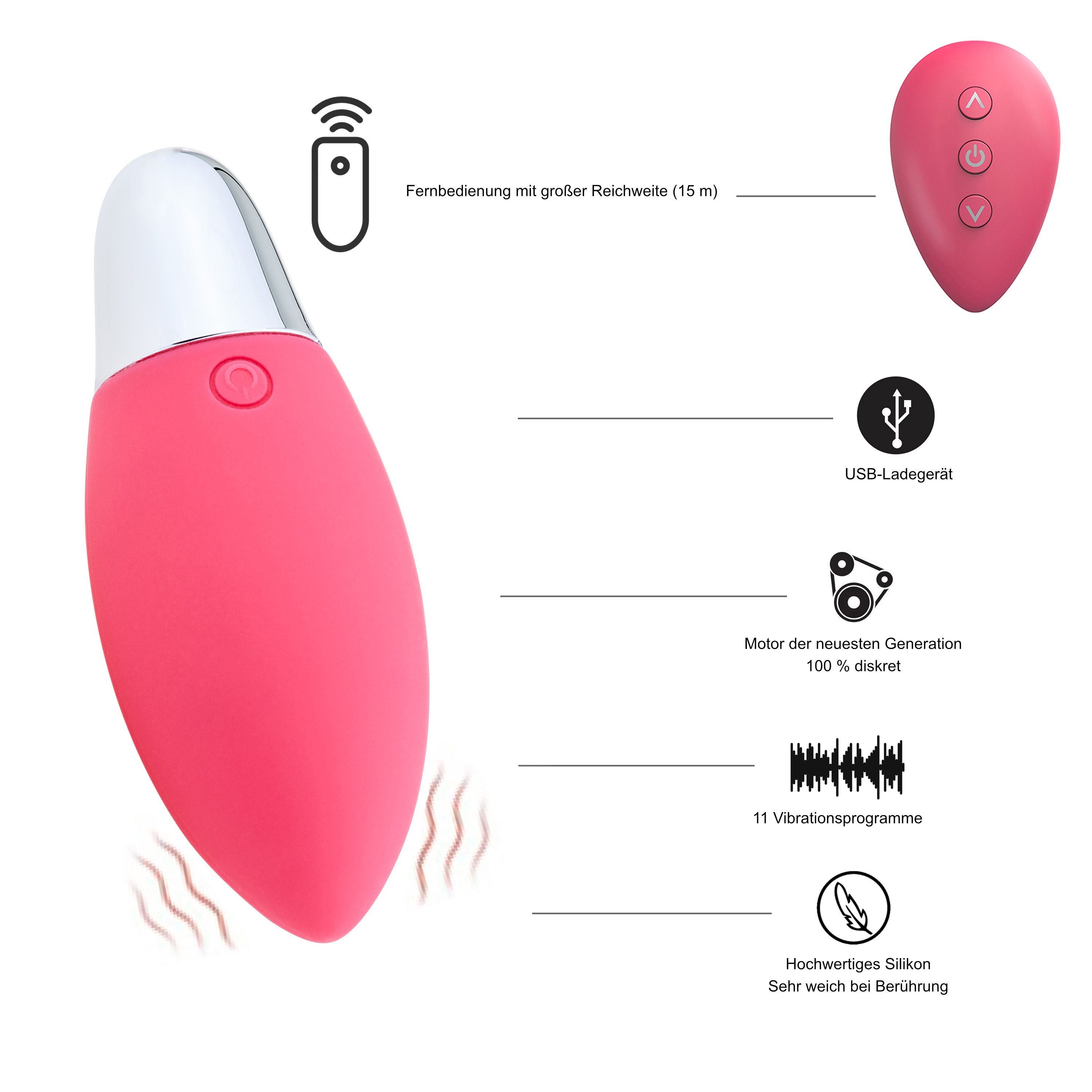 Rosa Liebesei mit Fernbedienung, USB-Ladegerät, 11 Vibrationsprogramme, Silikon.