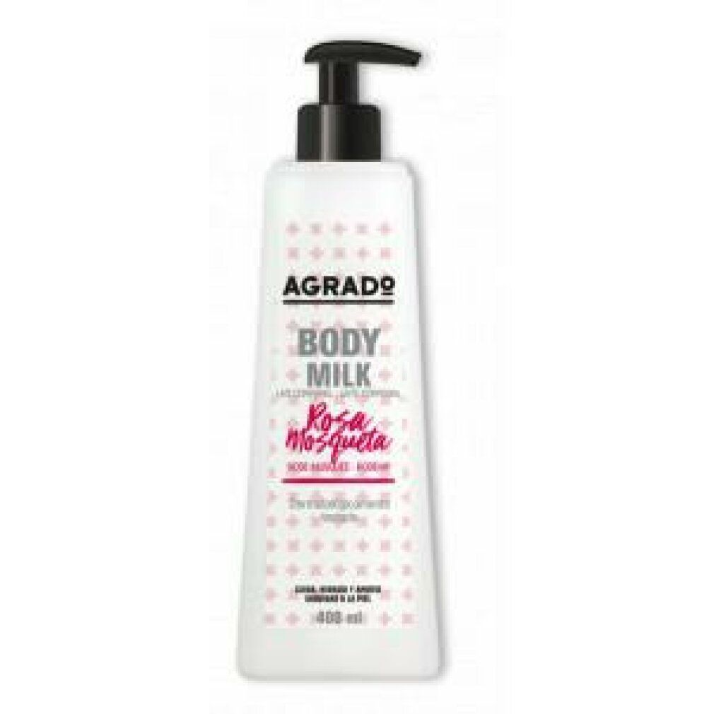 Weiße Flasche mit schwarzem Pumpkopf. Aufschrift: Agrado Body Milk Rosa Mosqueta. 400 ml.