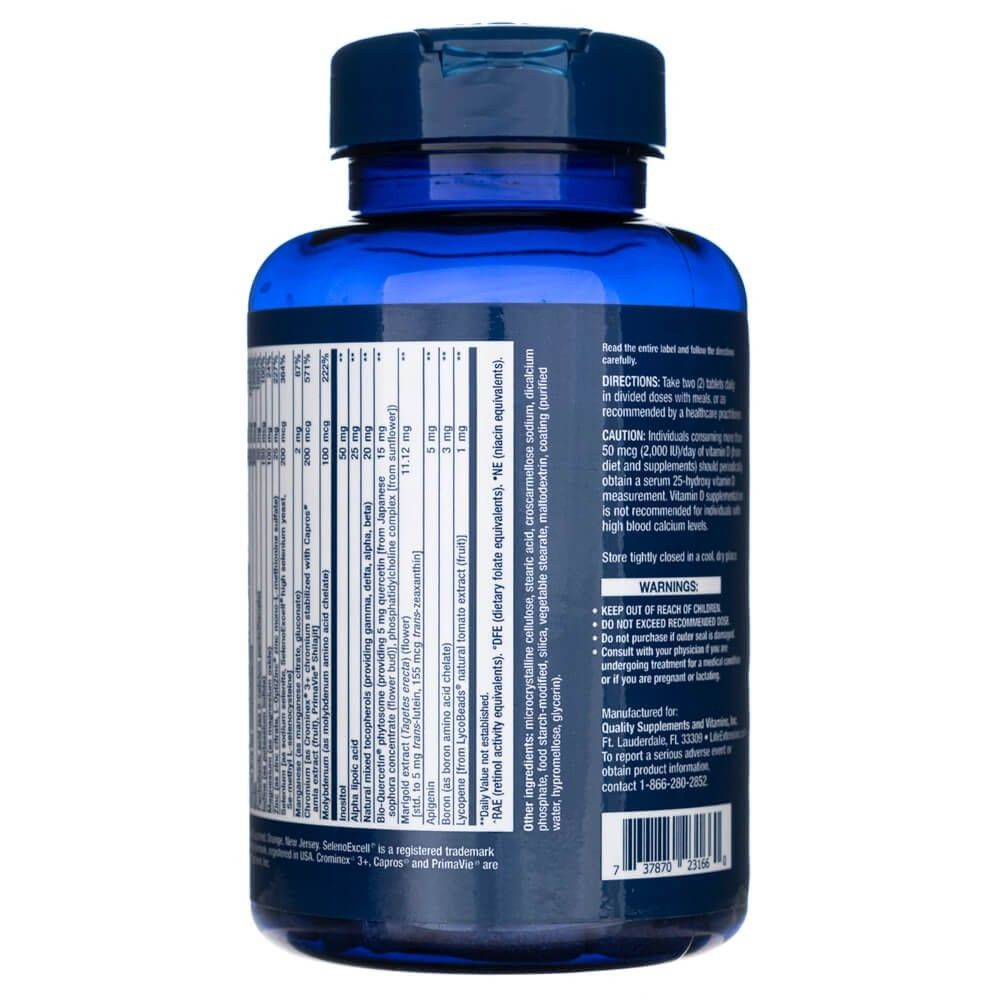 Rückseite der Flasche mit Anweisungen, Warnhinweisen und Herstellerinformationen für Life Extension Two-Per-Day Multivitamin.