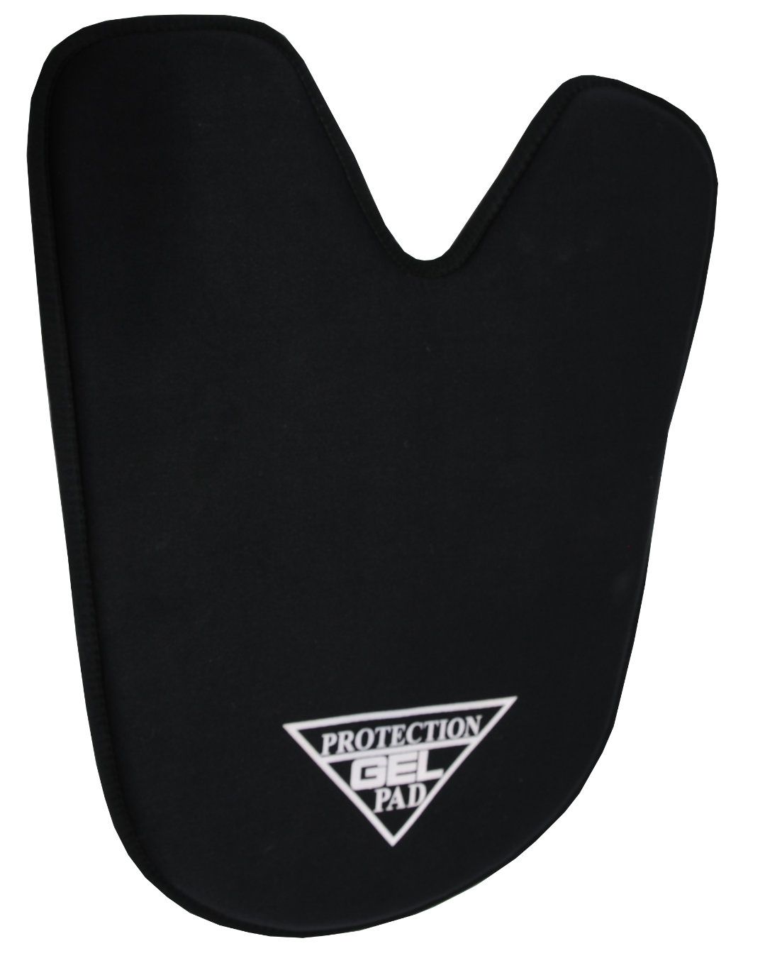 Schwarzer, ergonomisch geformter Rückenschoner mit weißem Logo 'PROTECTION GEL PAD'.