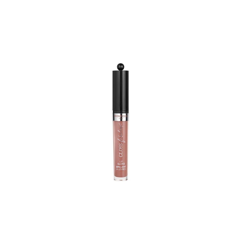 Ein Bourjois Lipgloss mit schwarzem Deckel und rosa Inhalt, auf weißem Hintergrund.