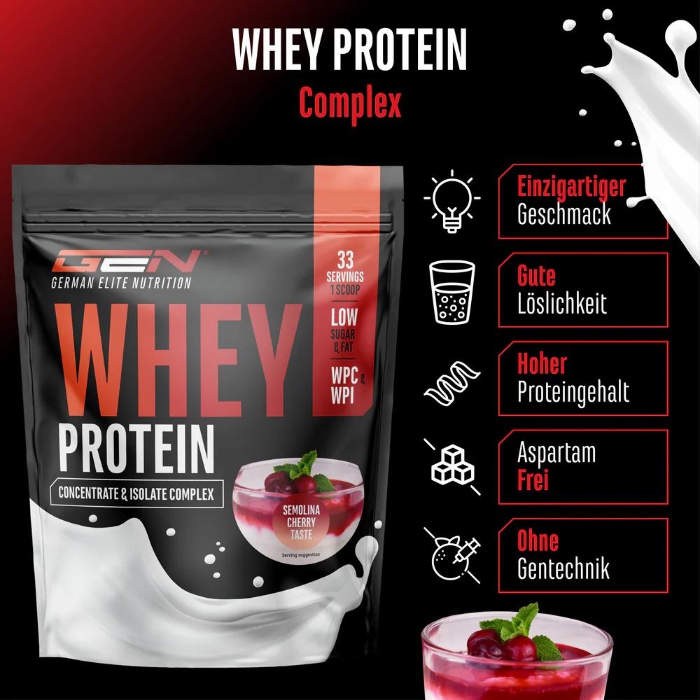 GEN Whey Protein Komplex. Schwarze Verpackung mit Produktinformationen. 33 Portionen. WPC & WPI. Geschmack: Semolina Cherry Taste. Milchspritzer.
