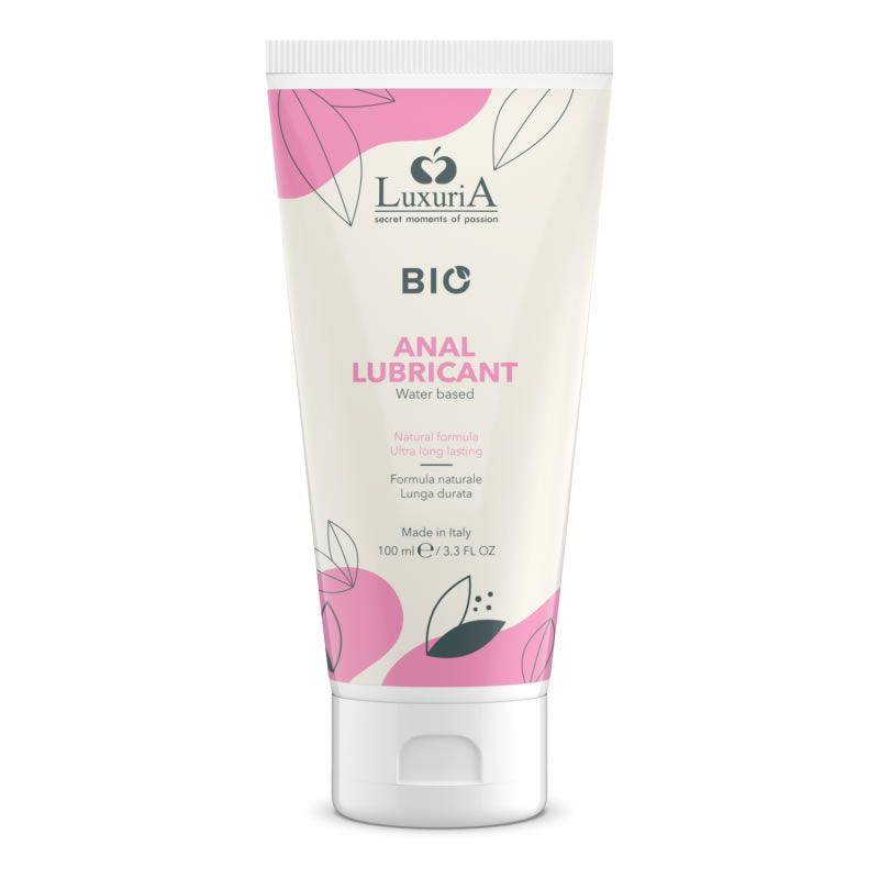 Tube mit Produktbezeichnung: ANAL LUBRICANT. Text: BIO, Water based, Formula naturale. Marke: LuxuriA. Weiße Tube mit rosa Designelementen.