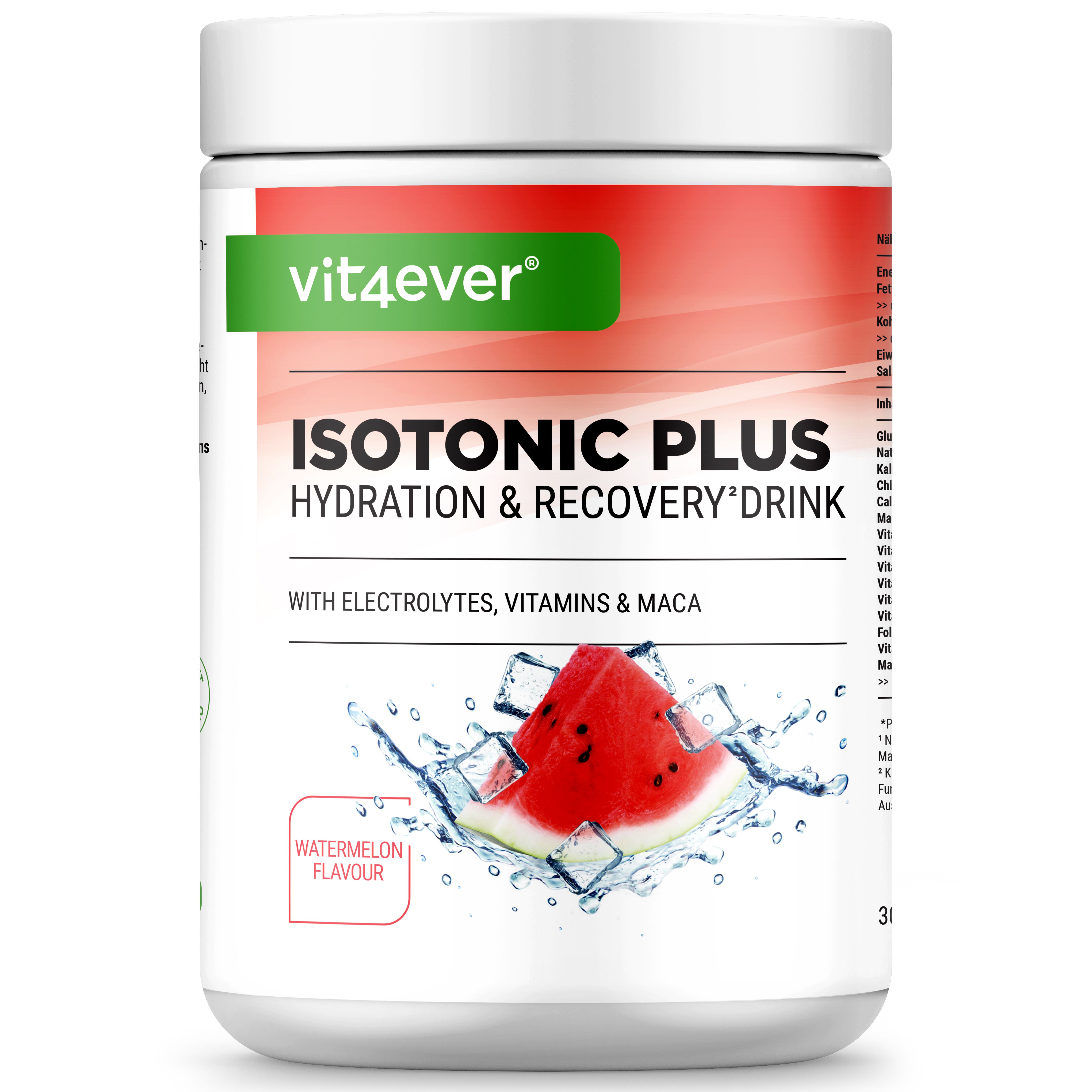 Weiße Dose mit grünem Etikett. Aufschrift: Isotonic Plus, Hydration & Recovery Drink. Wassermelonen-Illustration.