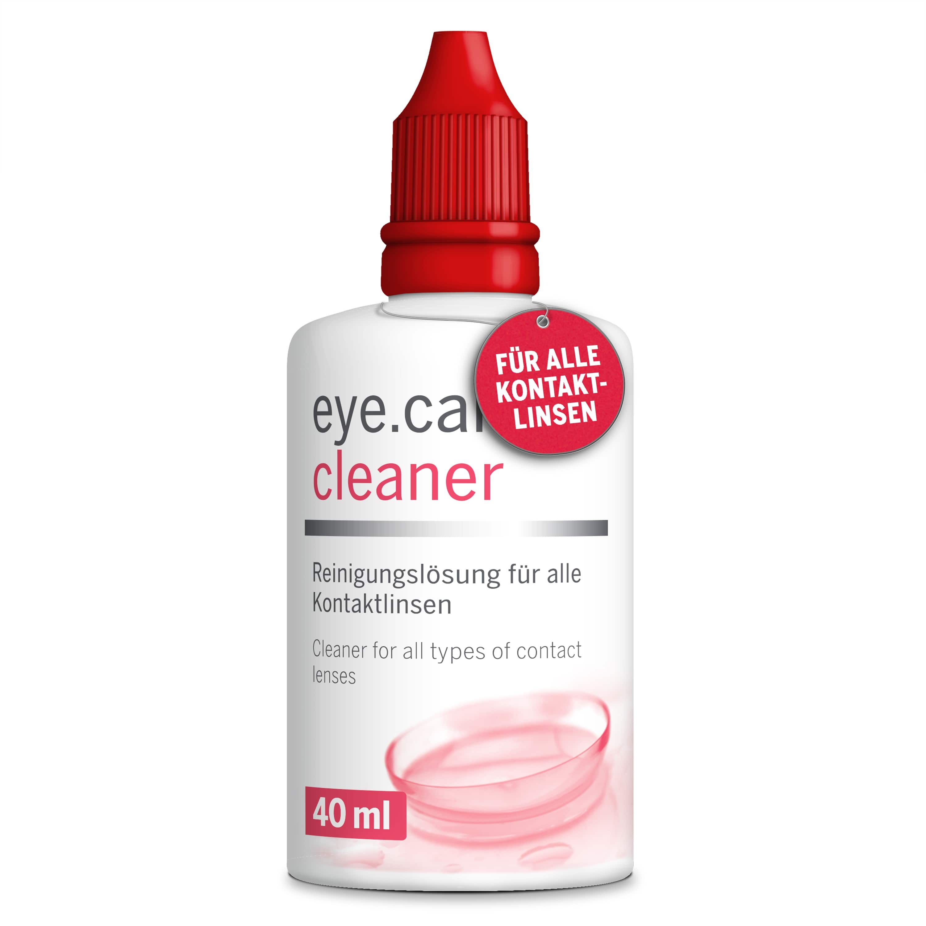 Flasche eye.care// cleaner Reinigungslösung für Kontaktlinsen, 40 ml, mit rotem Siegel.