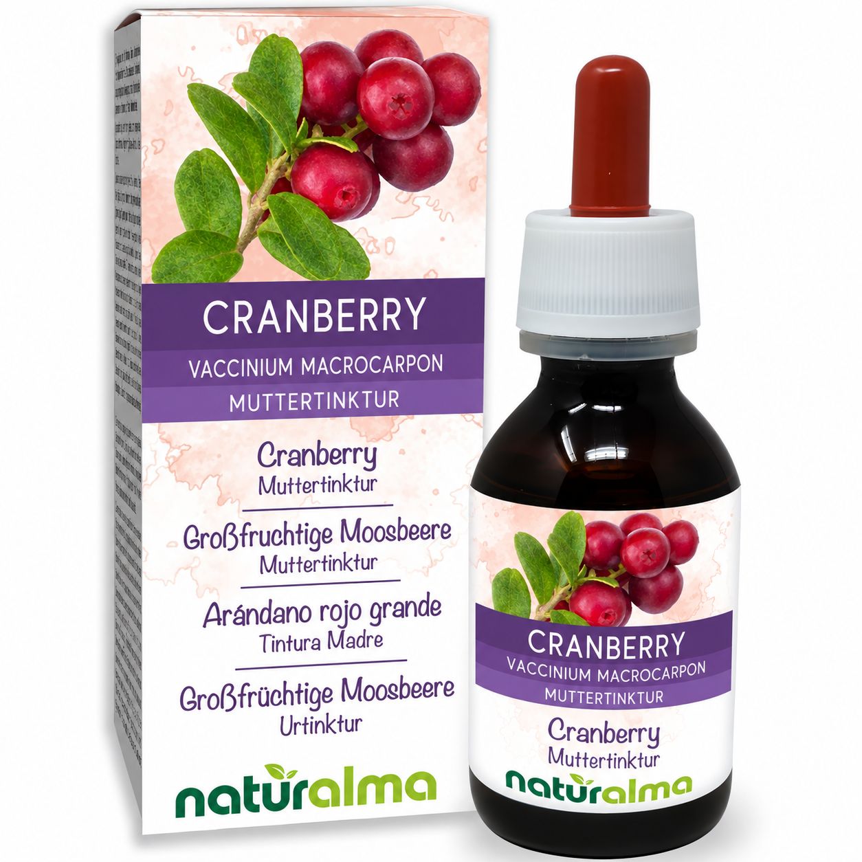 Flasche Cranberry Urtinktur von Naturalma mit Pipette.