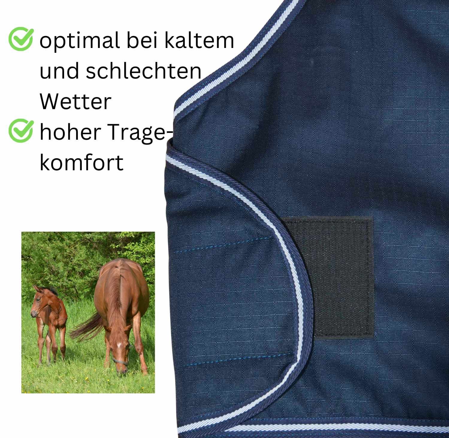 Blaue Pferdedecke mit Klettverschluss und weißem Rand. Text: optimal bei kaltem Wetter, hoher Tragekomfort.