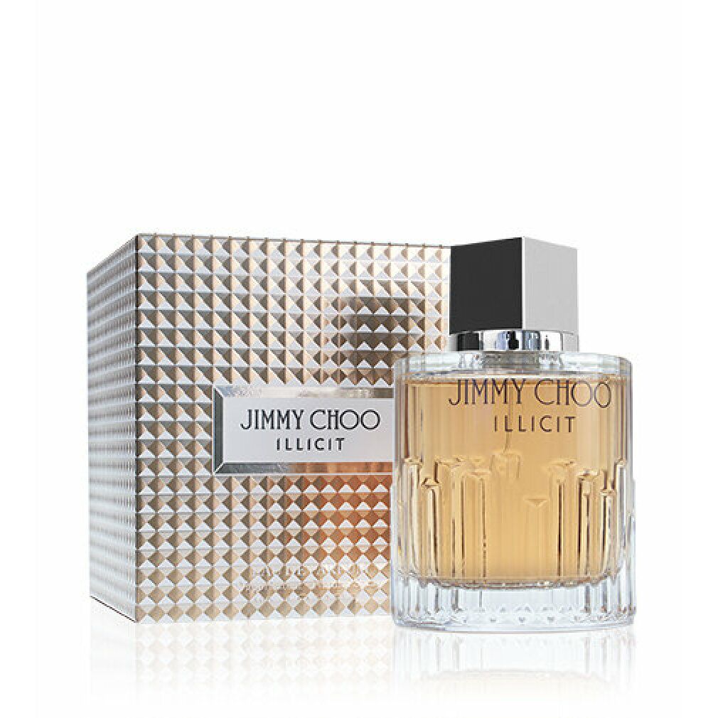 Parfümflasche und Verpackung. Aufschrift: Jimmy Choo Illicit. Quadratische Verpackung mit Muster.