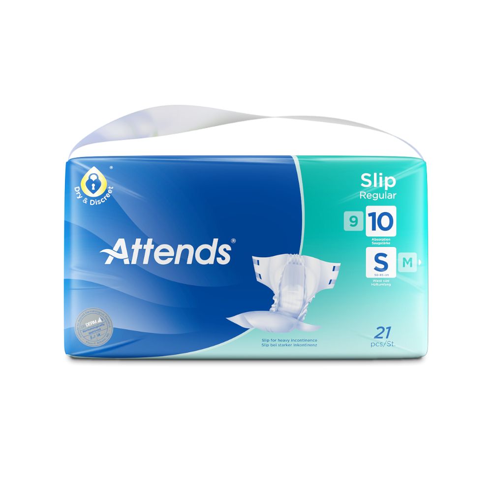 Verpackung von Attends Slip Regular 10. Blaue und grüne Verpackung mit Produktabbildung und Größenangaben. Enthält 21 Stück.