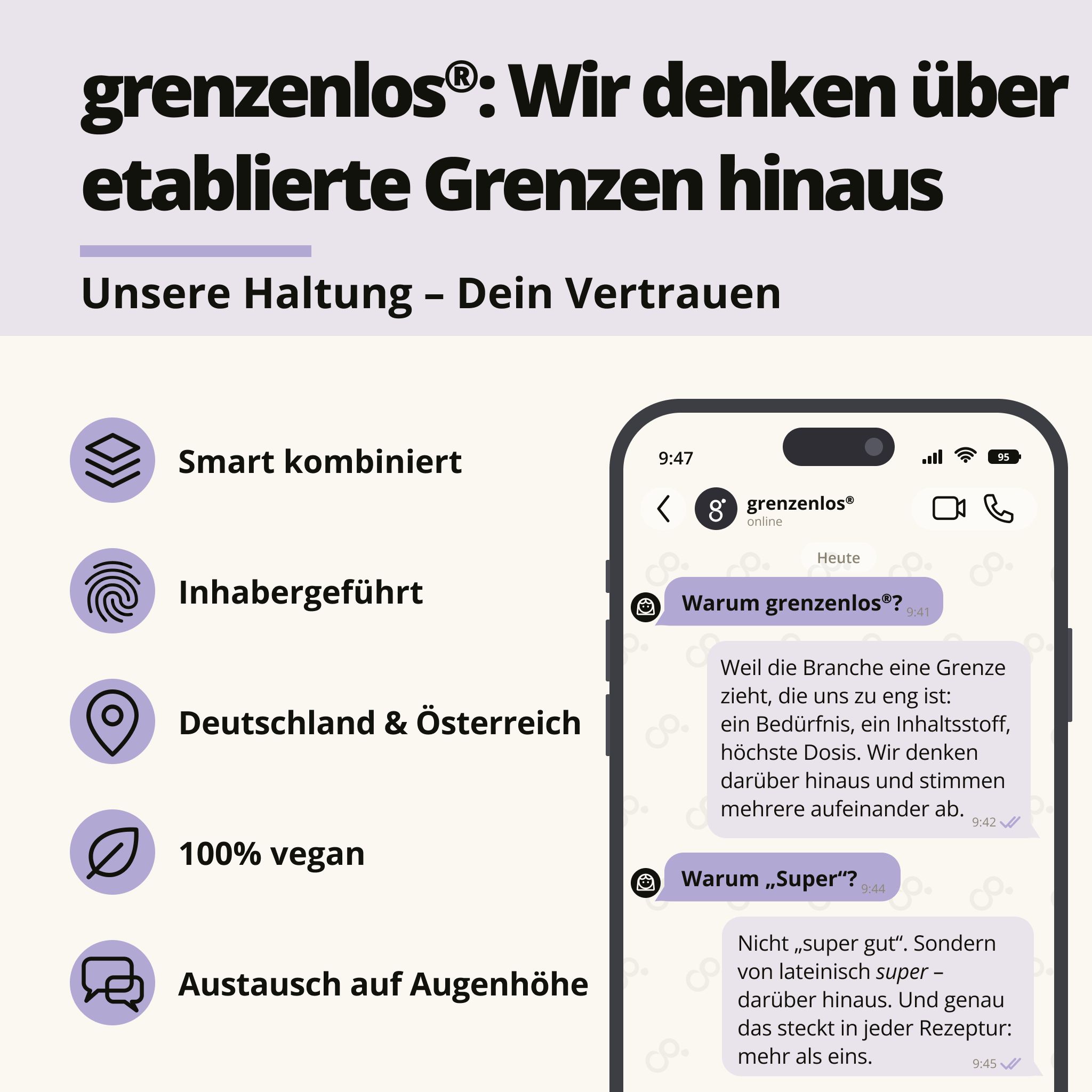 Screenshot einer Chat-Konversation über die Marke und Produktphilosophie.