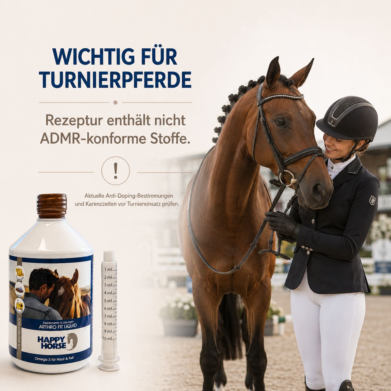 Happy Horse Arthro Fit Liquid Flasche mit Messspritze, neben einem Pferd und Reiter bei einem Turnier.