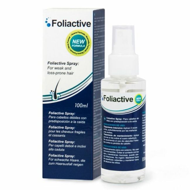 Foliactive Spray-Flasche und Verpackung. Flasche mit Sprühkopf und Verpackung. Produktinformationen auf beiden.
