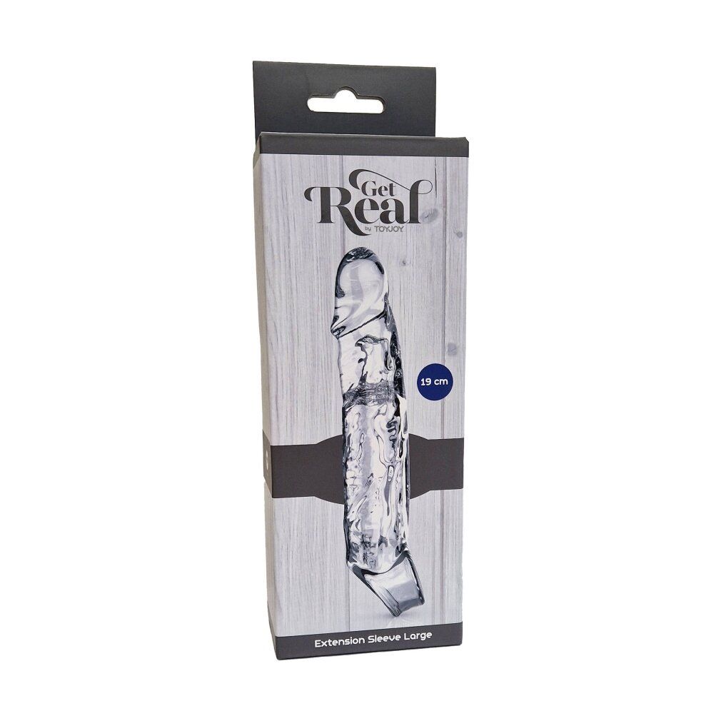Verpackung für Penishülle. Marke Get Real. Aufdruck: Penishülle, 19 cm. Holzoptik-Hintergrund. Schwarze Aufhängung.