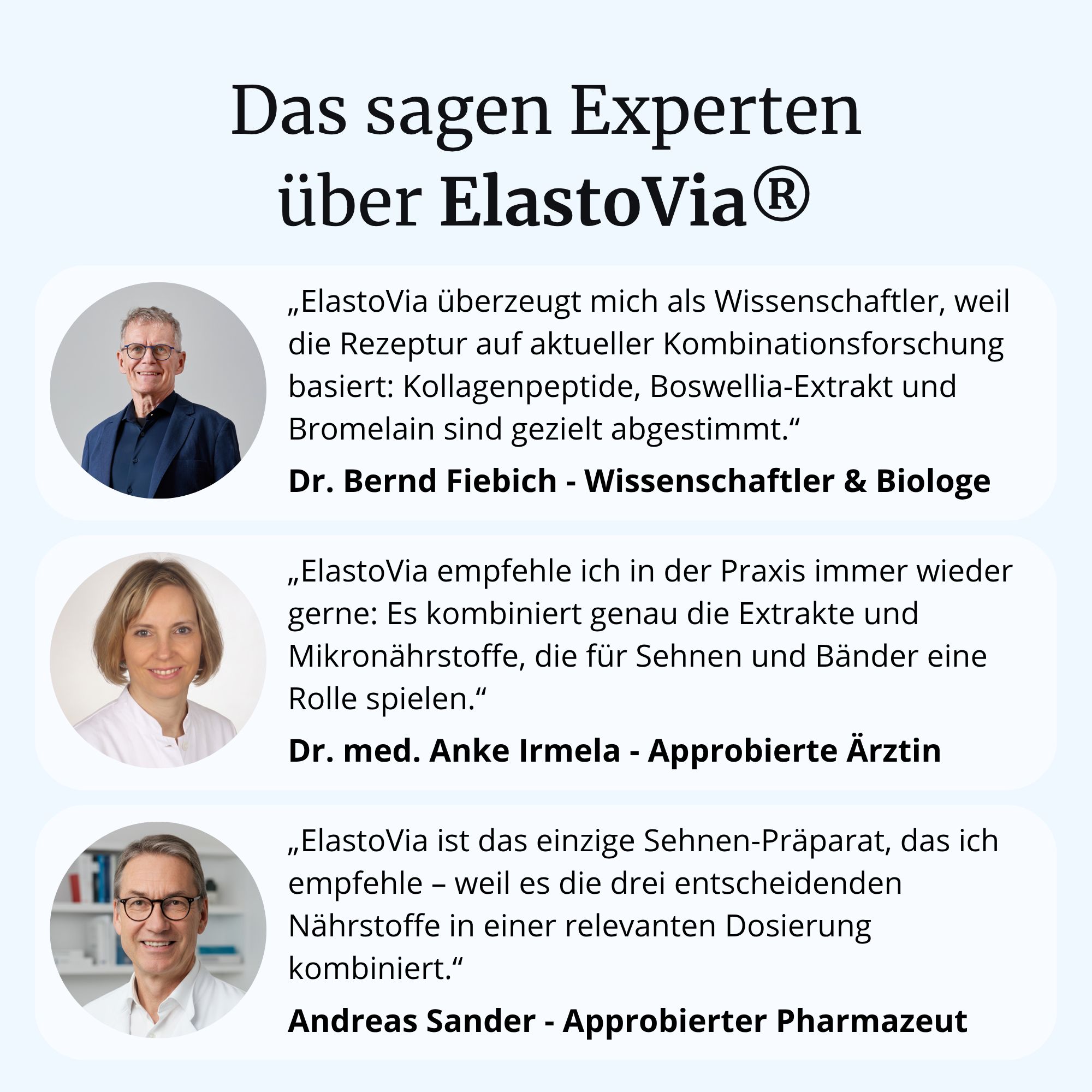 Expertenmeinungen zu ElastoVia: Dr. Bernd Fiebich, Dr. med. Anke Irmela und Andreas Sander.