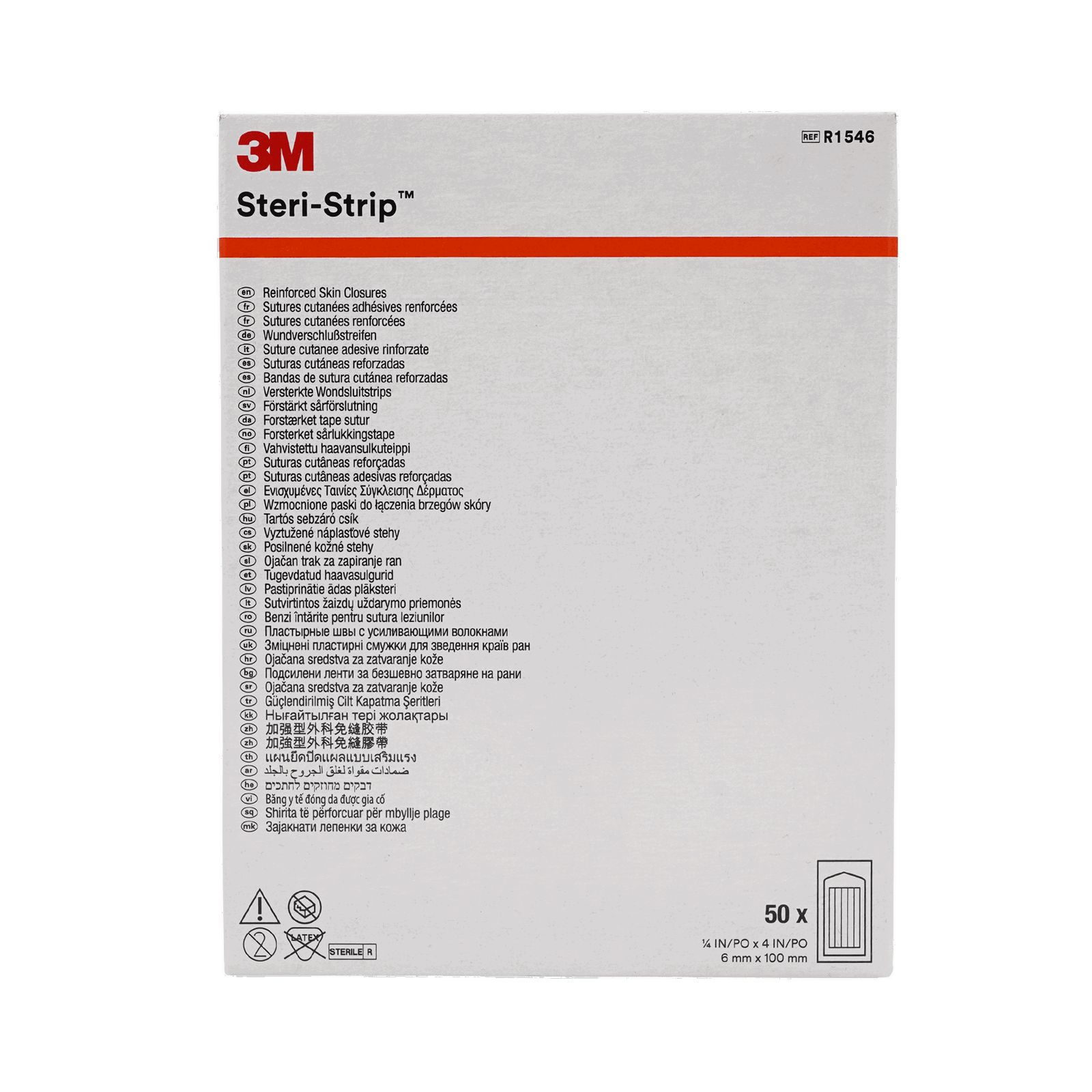 Verpackung von 3M Steri-Strip Wundverschlussstreifen. Weißer Karton mit roter Linie und Produktnamen. Enthält 50 Stück, 6 x 102 mm.