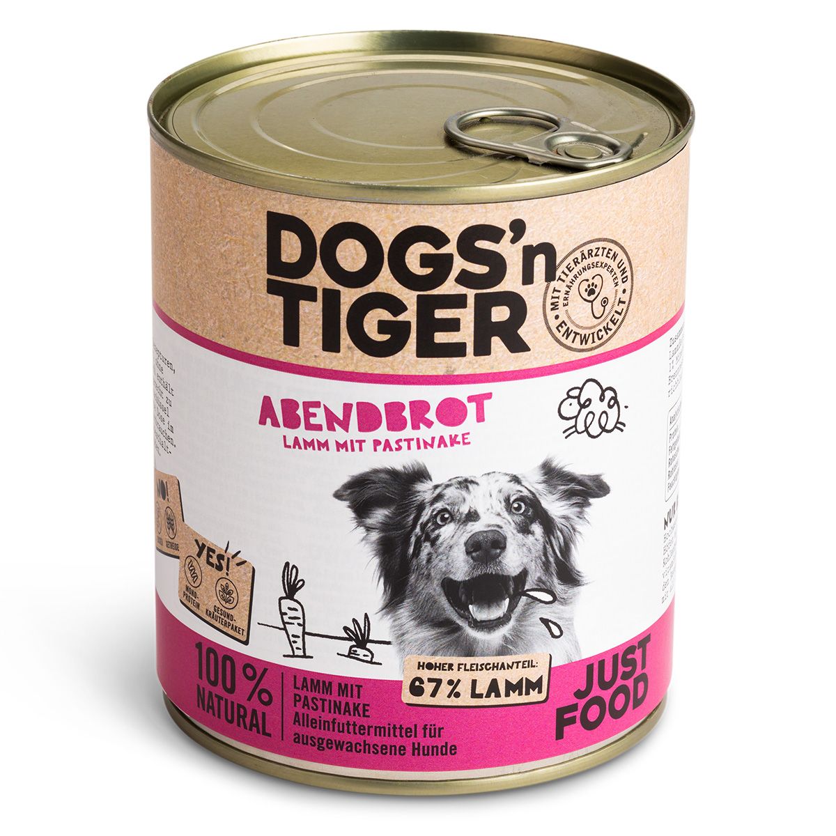 Hundefutterdose "Abendbrot" mit Hundefoto. Aufdruck: "Dogs'n Tiger", "67% Lamm", "Getreidefrei". Rosa Etikett.