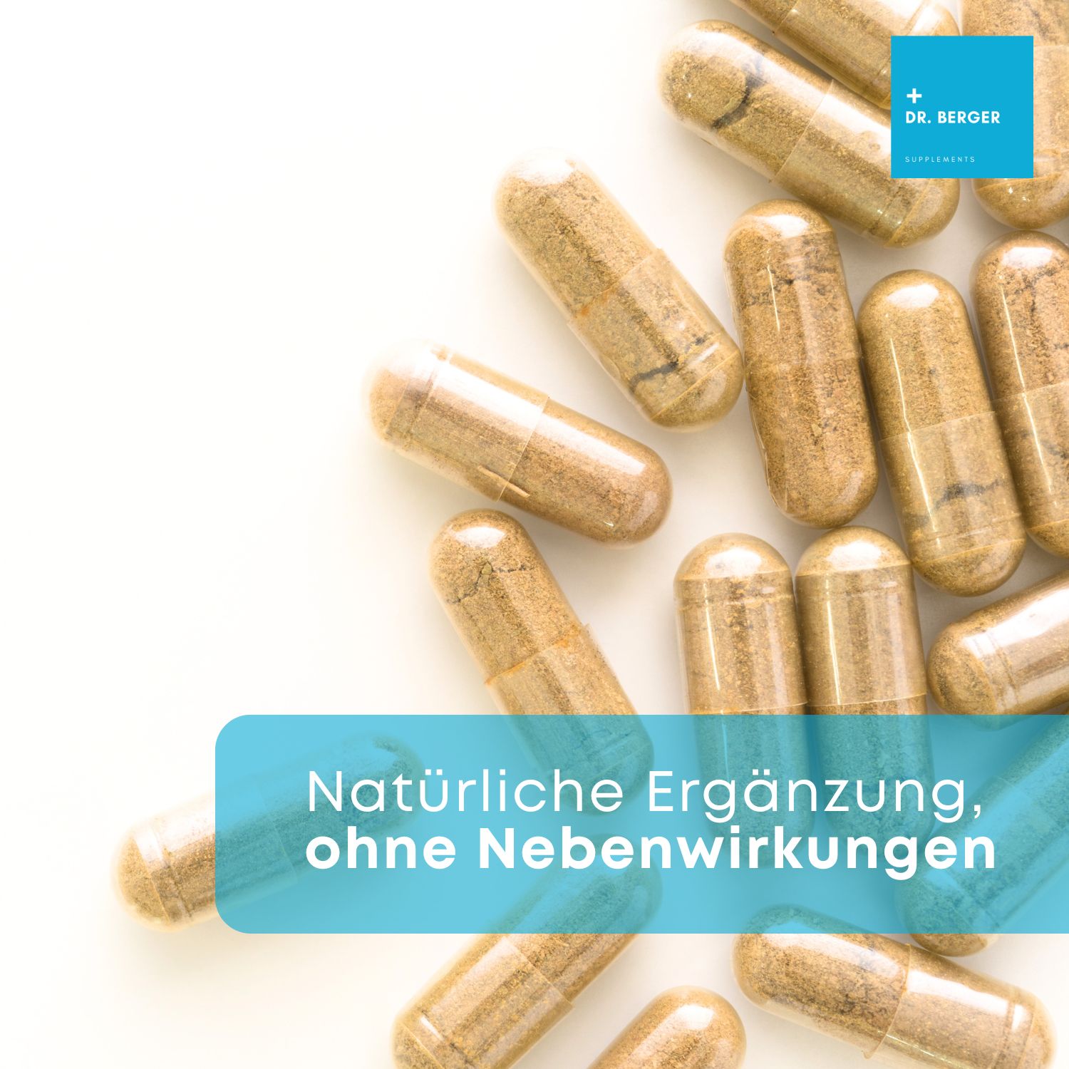 Viele braune Kapseln auf weißem Grund. Blaue Fläche mit Text: Natürliche Ergänzung, ohne Nebenwirkungen.