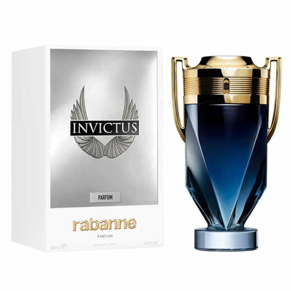 Invictus Parfum-Flakon neben weißer Schachtel. Schachtel mit Logo, Schriftzug Invictus und Rabanne. Flakon mit goldfarbenem Deckel.