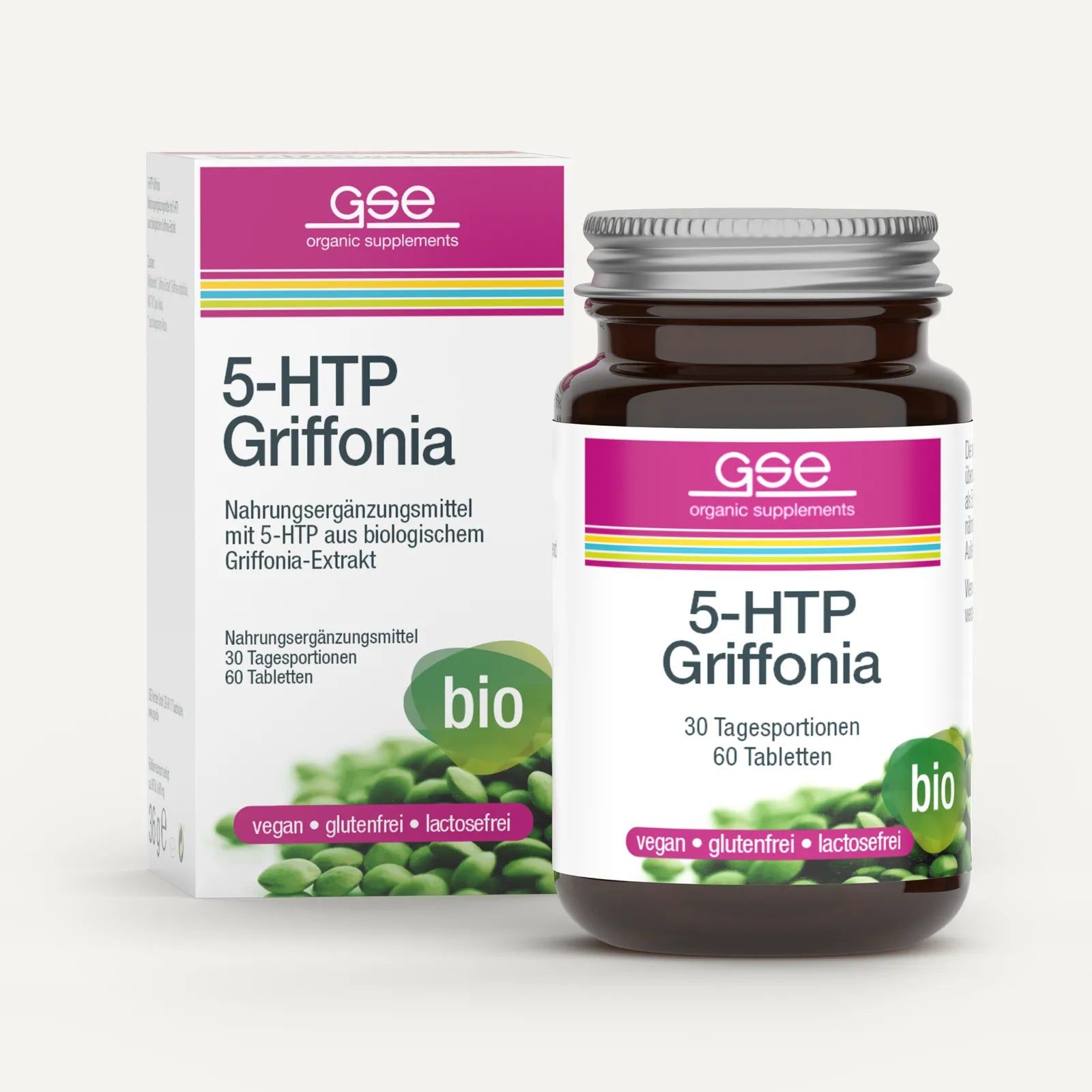 Braune Glasflasche und Karton mit Produktaufdruck. Aufschrift: 5-HTP Griffonia, 30 Tagesportionen, 60 Tabletten. Bio-Siegel.