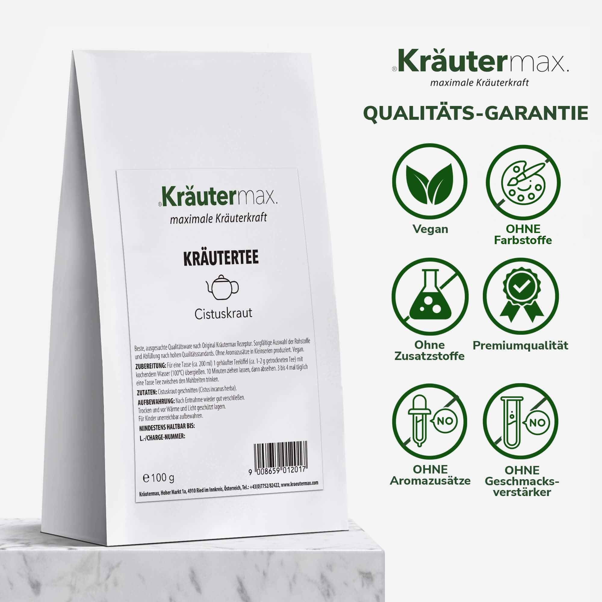 Weiße Kräutertee-Verpackung mit Produktinformationen und Qualitätsgarantie-Siegeln. Cistus Incanus Tee.