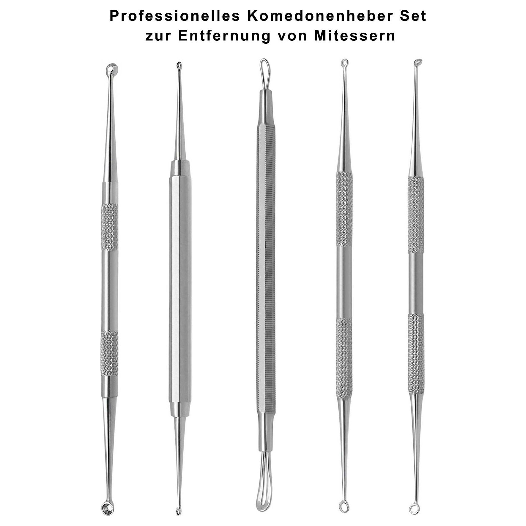 Set aus fünf Edelstahl-Hautunreinheitswerkzeugen. Verschiedene Spitzenformen, darunter Schlaufen und Nadeln. Text: Professionelles Komedonenheber Set.