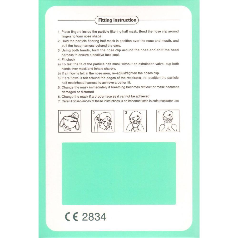 Rückseite der Verpackung. Fitting Instruction. Illustrationen zur korrekten Anwendung der Maske. CE 2834.