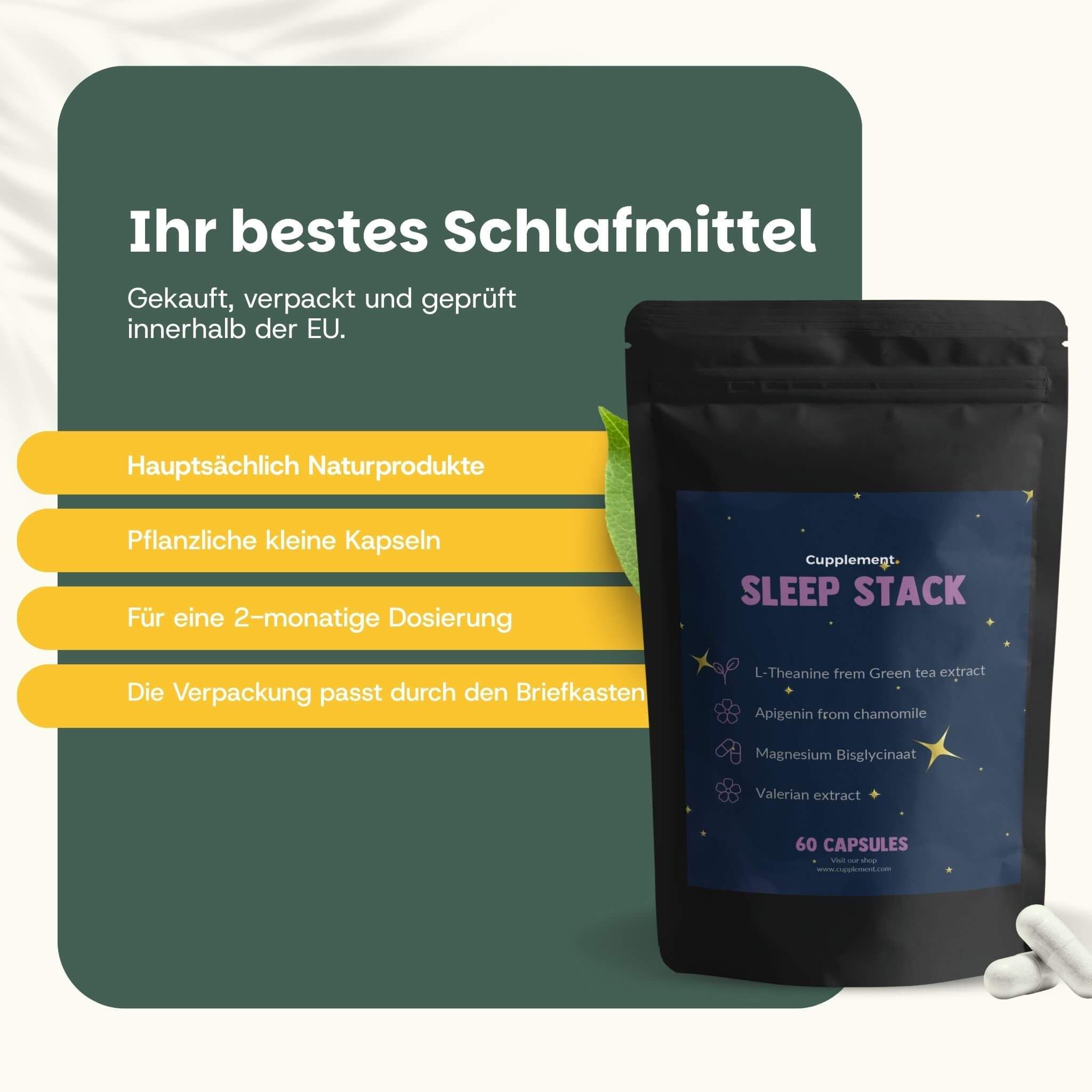Schwarzer Beutel 'Sleep Stack' mit 60 Kapseln. Text: Natürliche Produkte, kleine Kapseln, 2 Monate Dosierung. Weiße Kapseln.