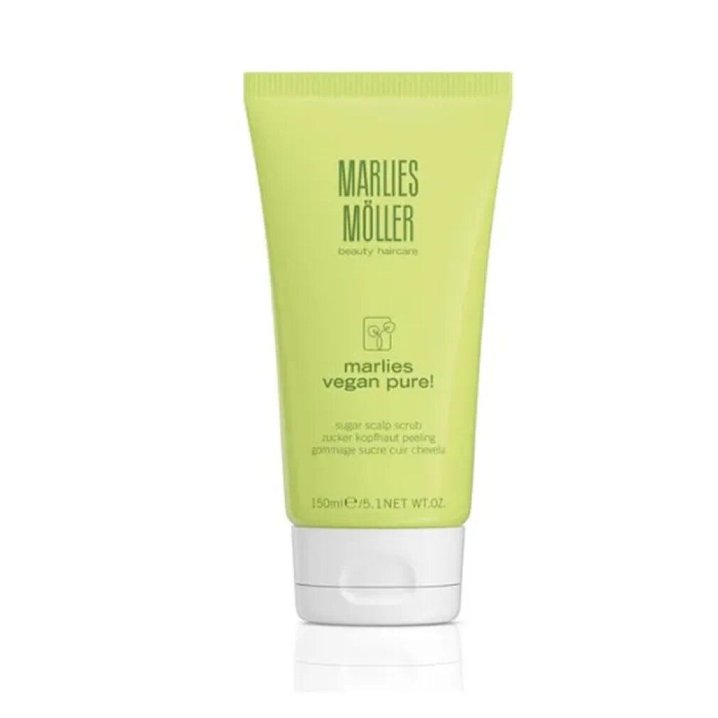 Grüne Tube mit weißem Deckel. Aufschrift: Marlies Möller, vegan pure! Produktbezeichnung in Deutsch, Englisch und Französisch.