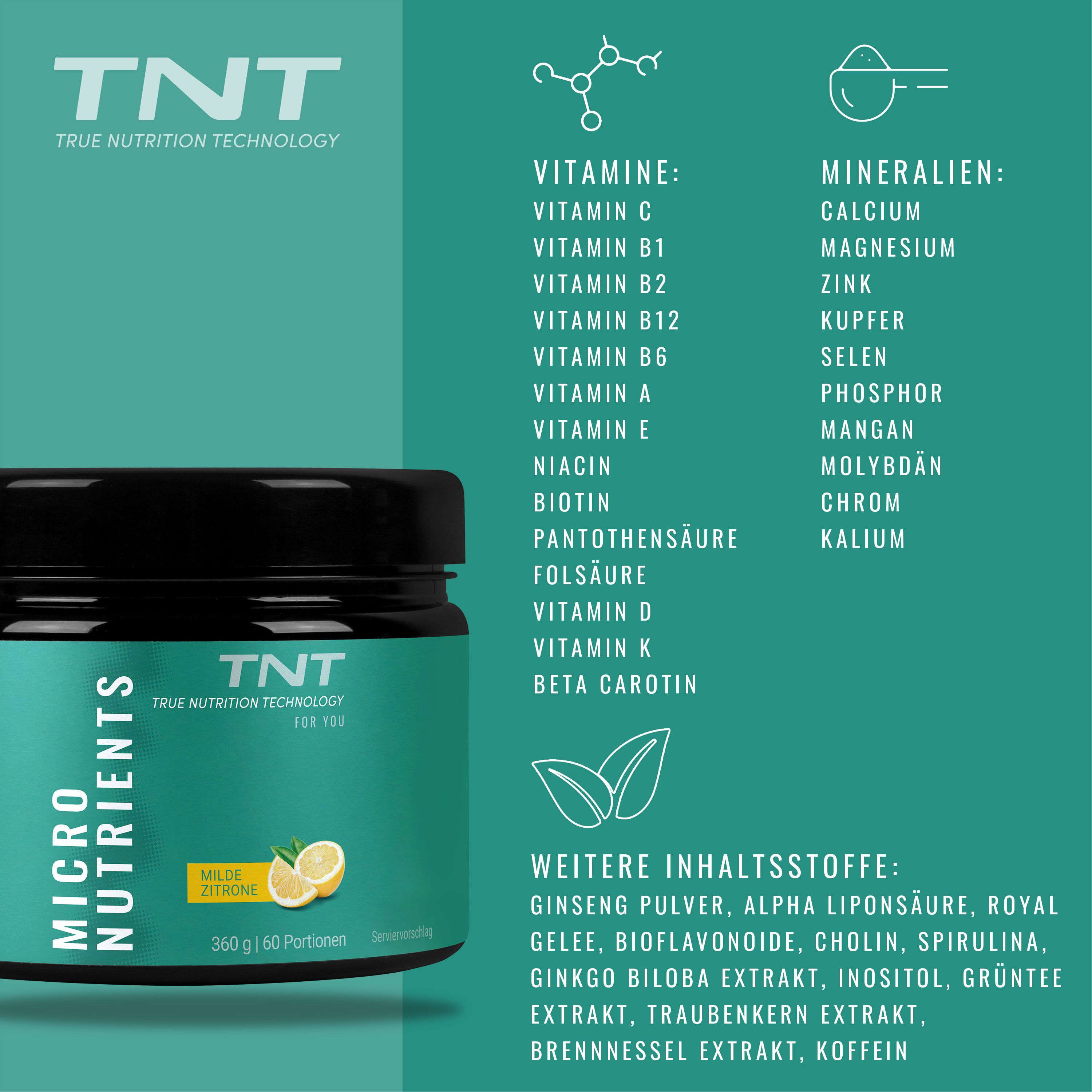 Nährwerttabelle mit Dose TNT Micro Nutrients. Aufschrift: Micro Nutrients, milde Zitrone, 360g, 60 Portionen.