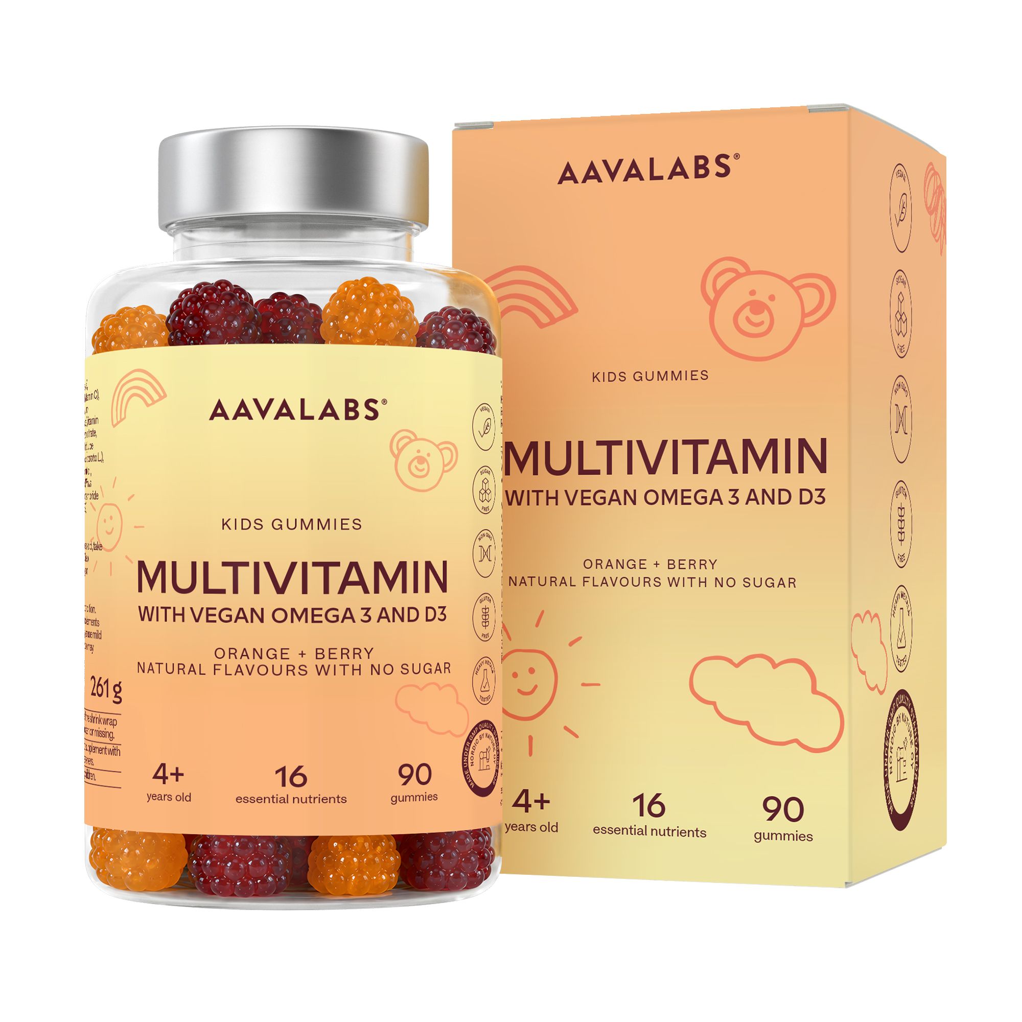 Flasche und Karton mit Kindern-Multivitamin-Gummibärchen, orange und rot, mit Produktmerkmalen und Nährwertangaben.