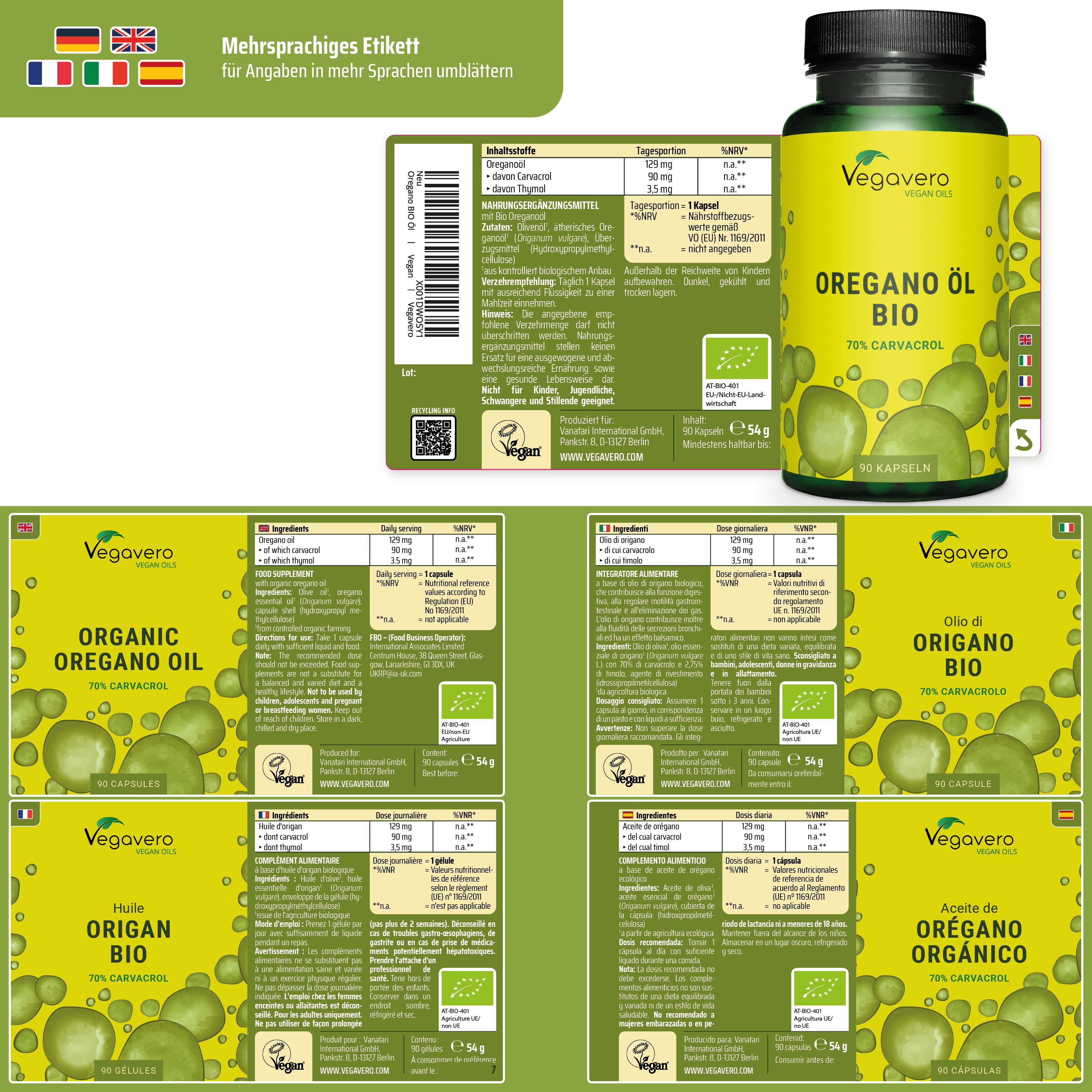 Mehrsprachiges Etikett mit Informationen in verschiedenen Sprachen. Enthält Produktinformationen und Nährwertangaben.