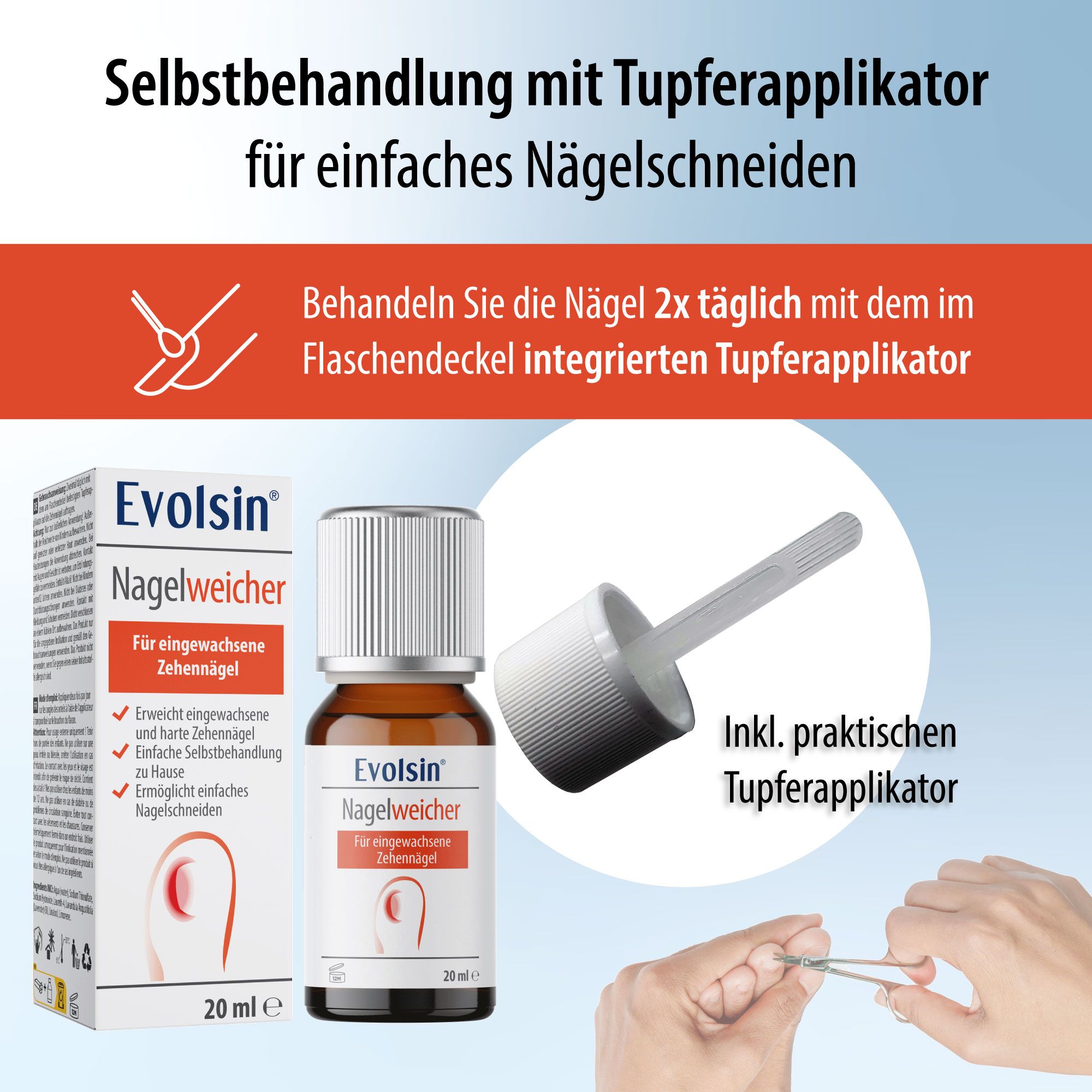 Produktflasche mit Applikator. Text: Selbstbehandlung mit Tupferapplikator für einfaches Nagelschneiden. Inkl. praktischem Tupferapplikator.