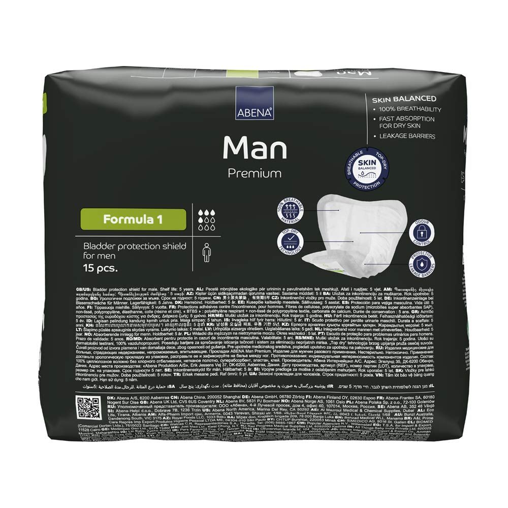 Rückseite der Verpackung von Abena Man Premium Formula 1. Schwarzer Hintergrund mit Text und Logos. Produktinformationen.