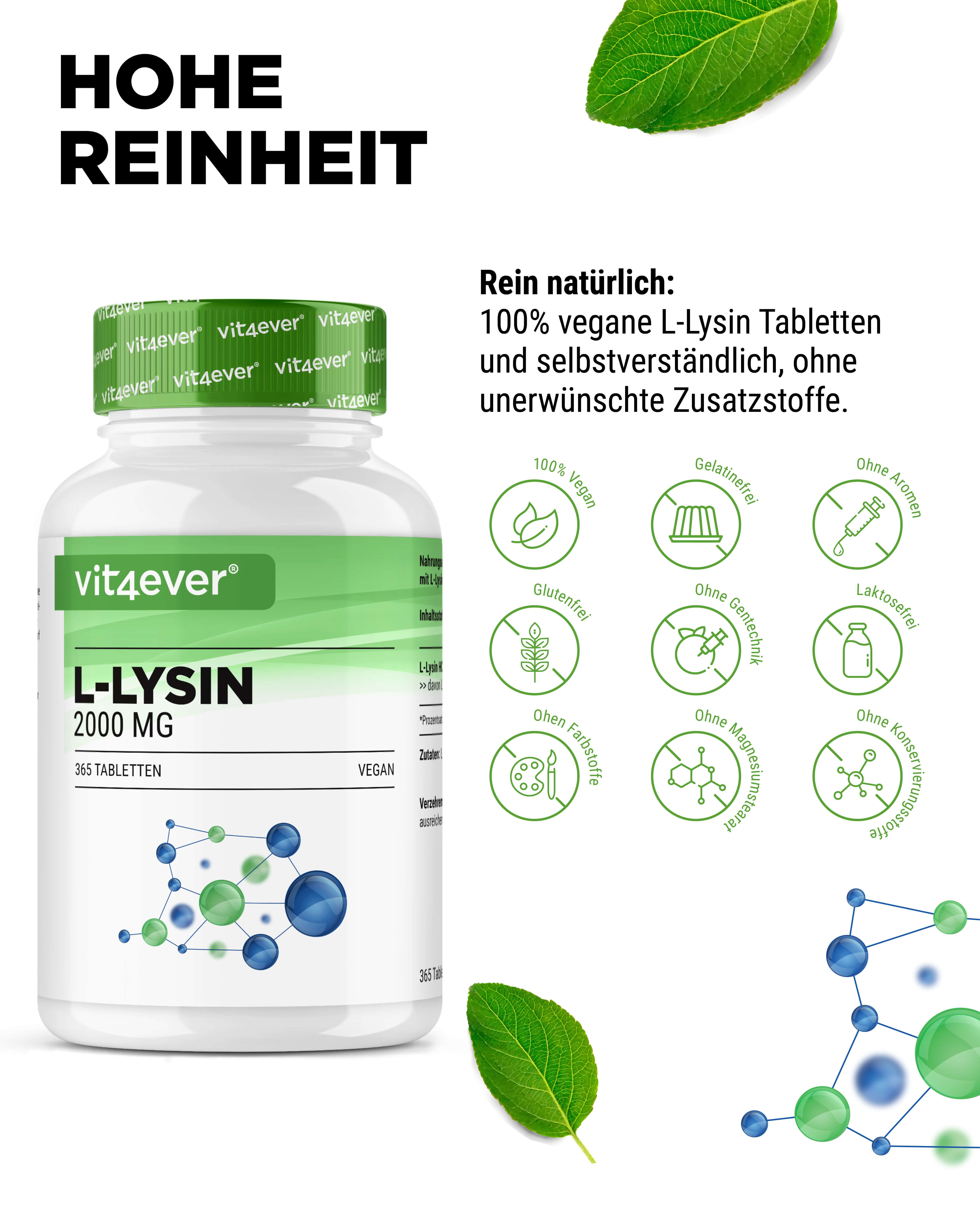 Flasche L-Lysin 2000 MG, 365 Tabletten, Vegan. Text: Hohe Reinheit, 100% vegan, ohne Zusatzstoffe. Symbole: vegan, glutenfrei, ohne Aromen, etc.